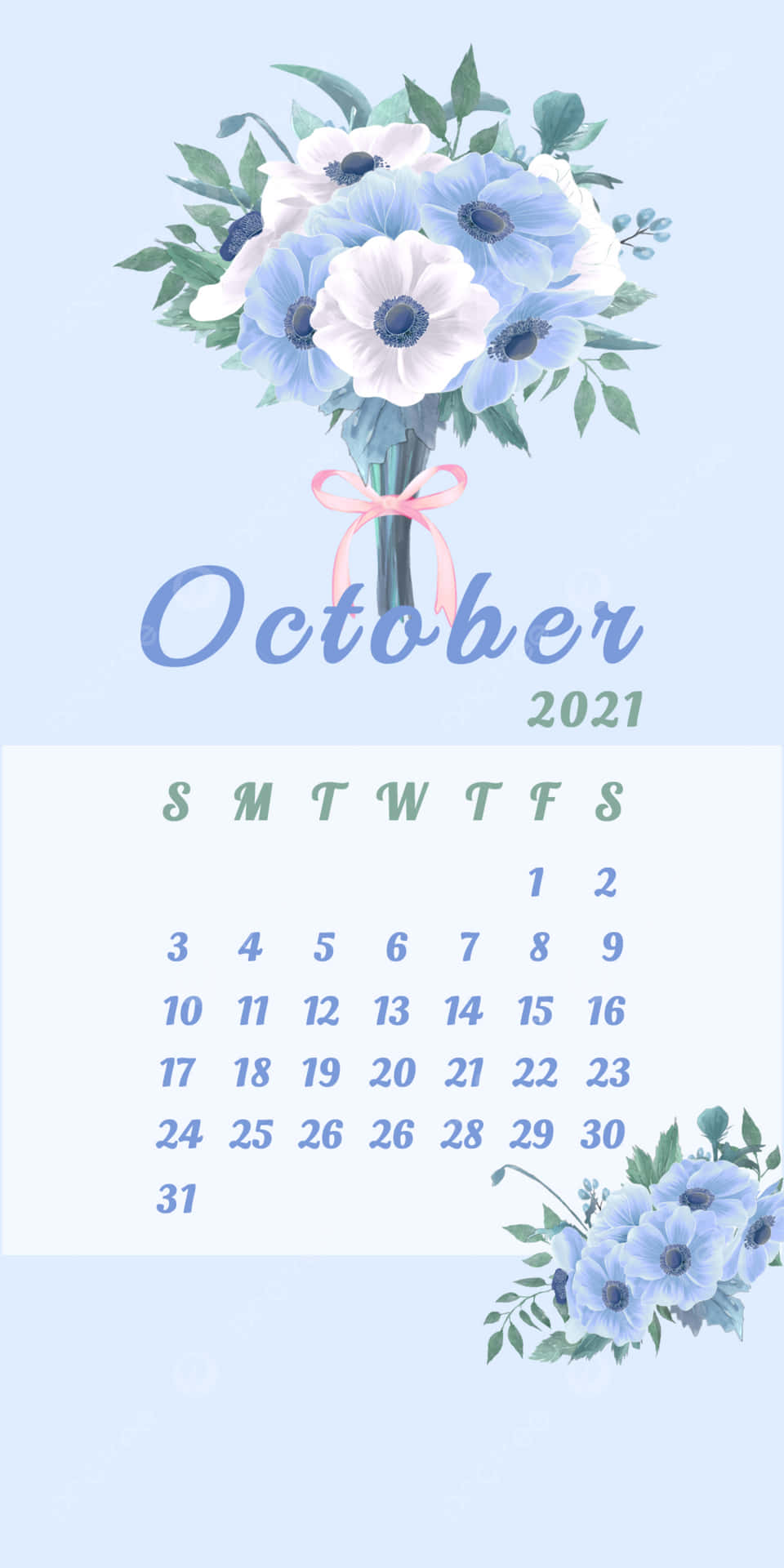 Calendariode Octubre 2020 Con Flores Azules. Fondo de pantalla