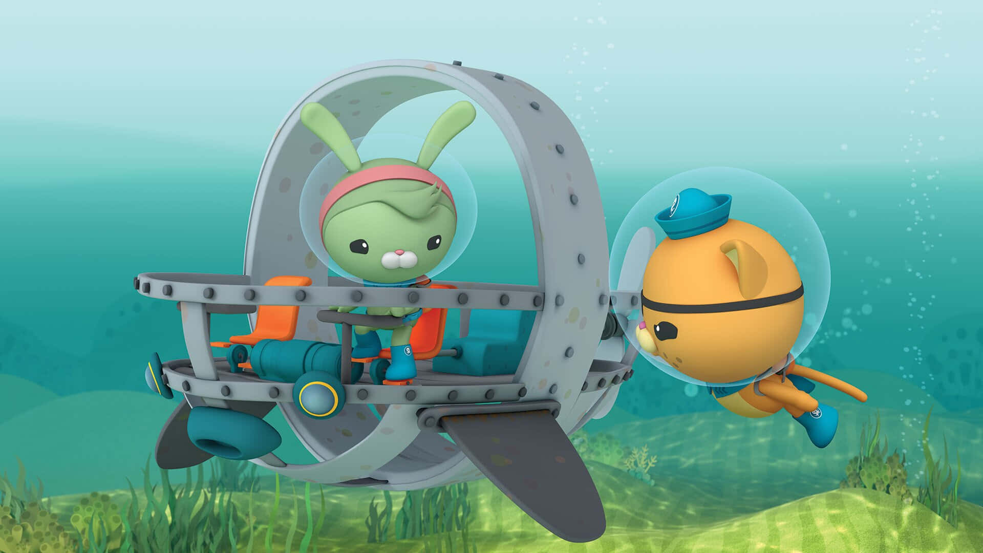 Unpersonaje De Dibujos Animados Está Montando Un Submarino. Fondo de pantalla