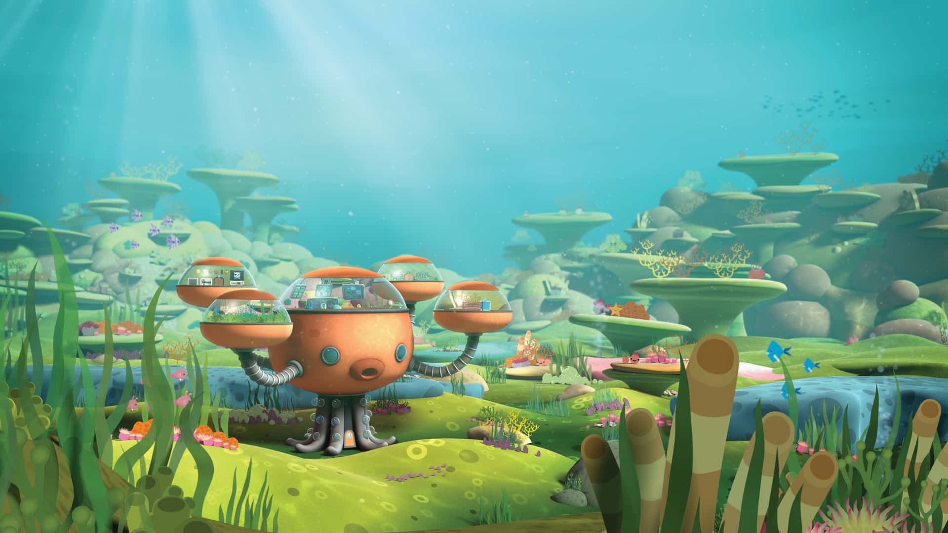 Einekarikatur Einer Unterwasserwelt Mit Einem Fisch Und Einem Roboter. Wallpaper