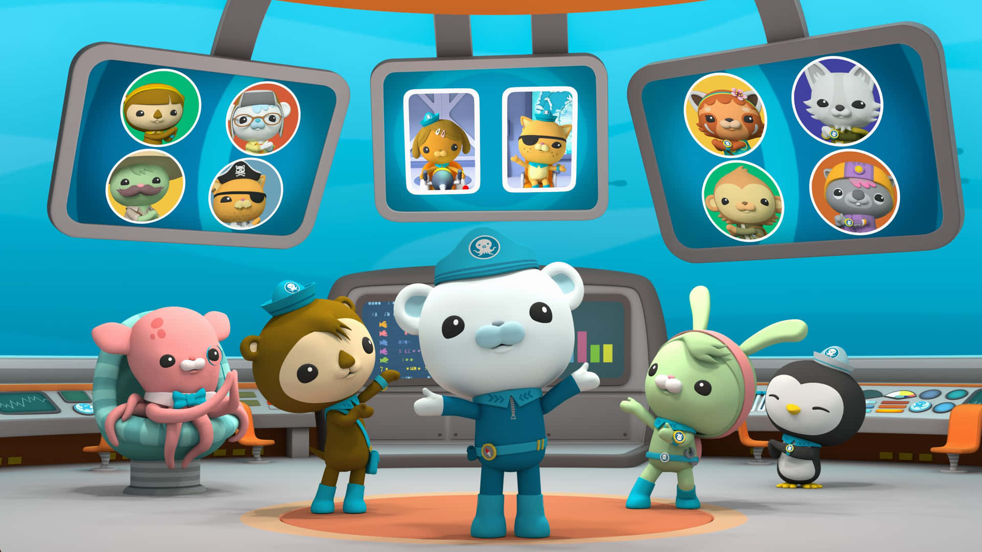 Ungrupo De Personajes De Dibujos Animados En Una Estación Espacial Fondo de pantalla