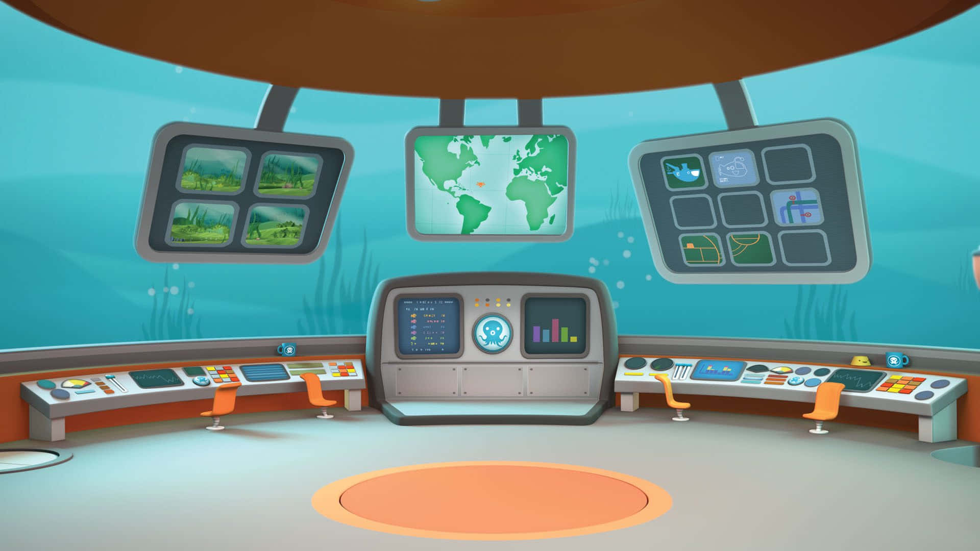 A Cartoon Scene Of A Space Station With Many Monitors Wallpaper
