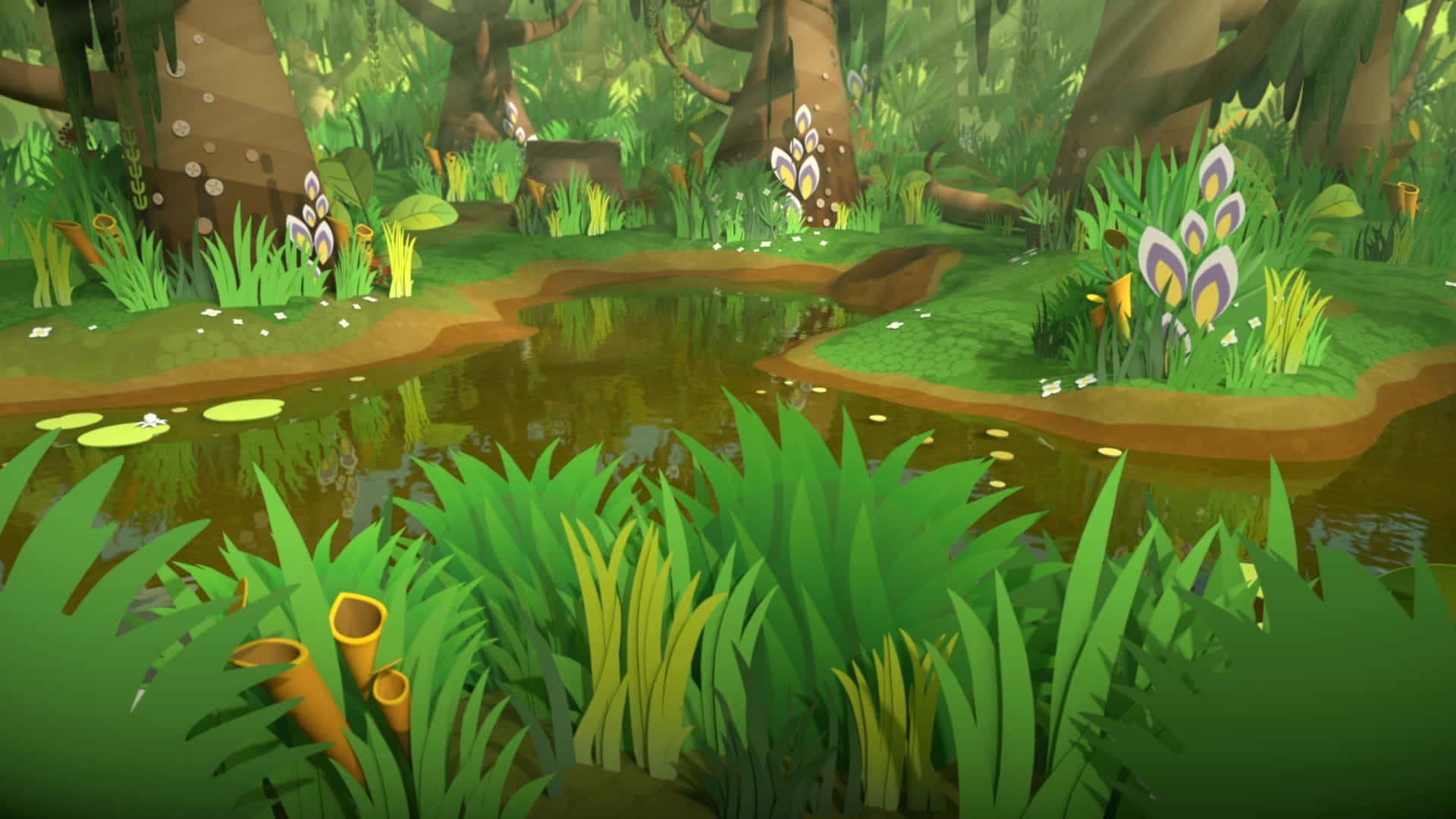 A Cartoon Forest With A Pond And Grass Wallpaper