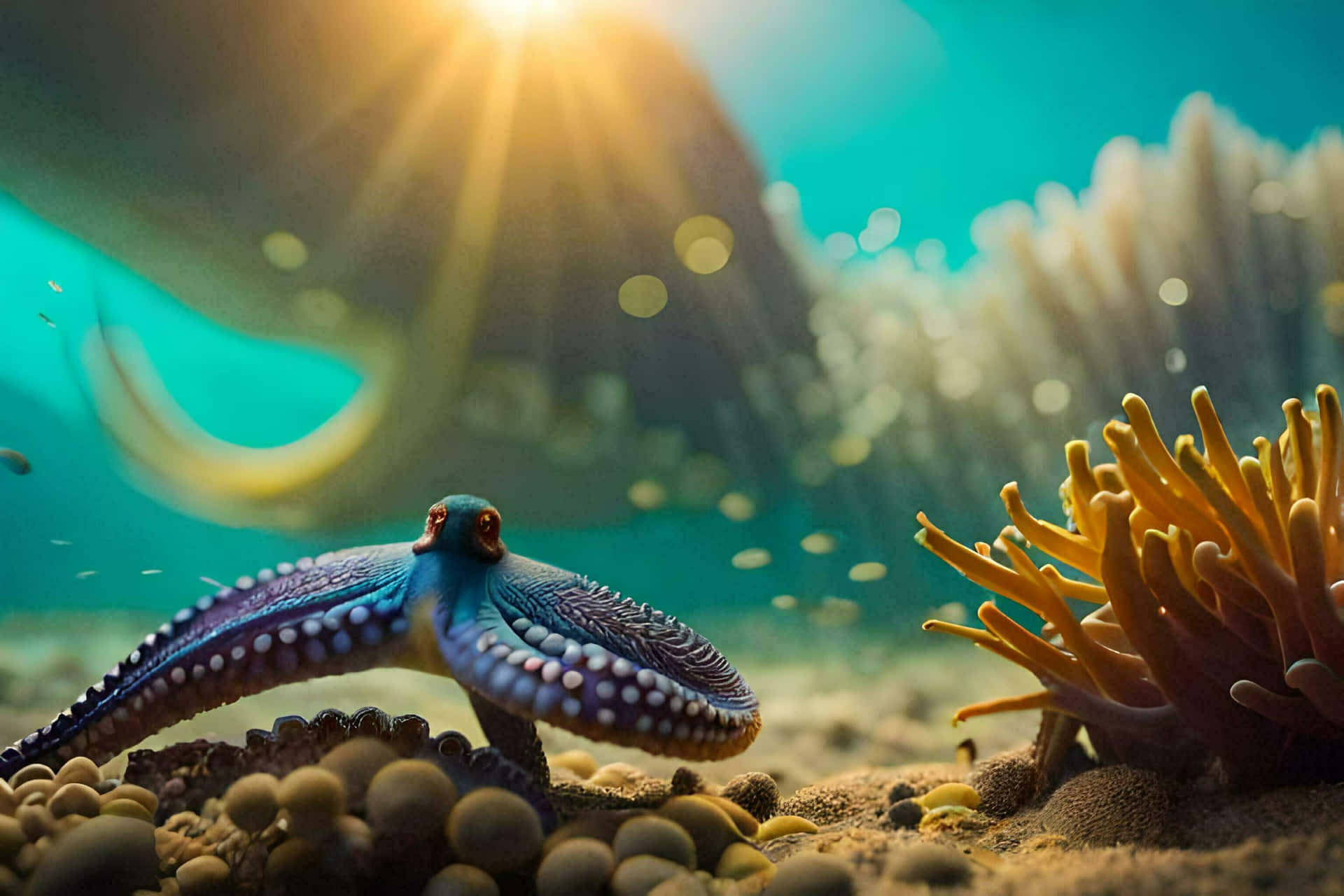 Octopus Sunrise Underwater Scene Wallpaper