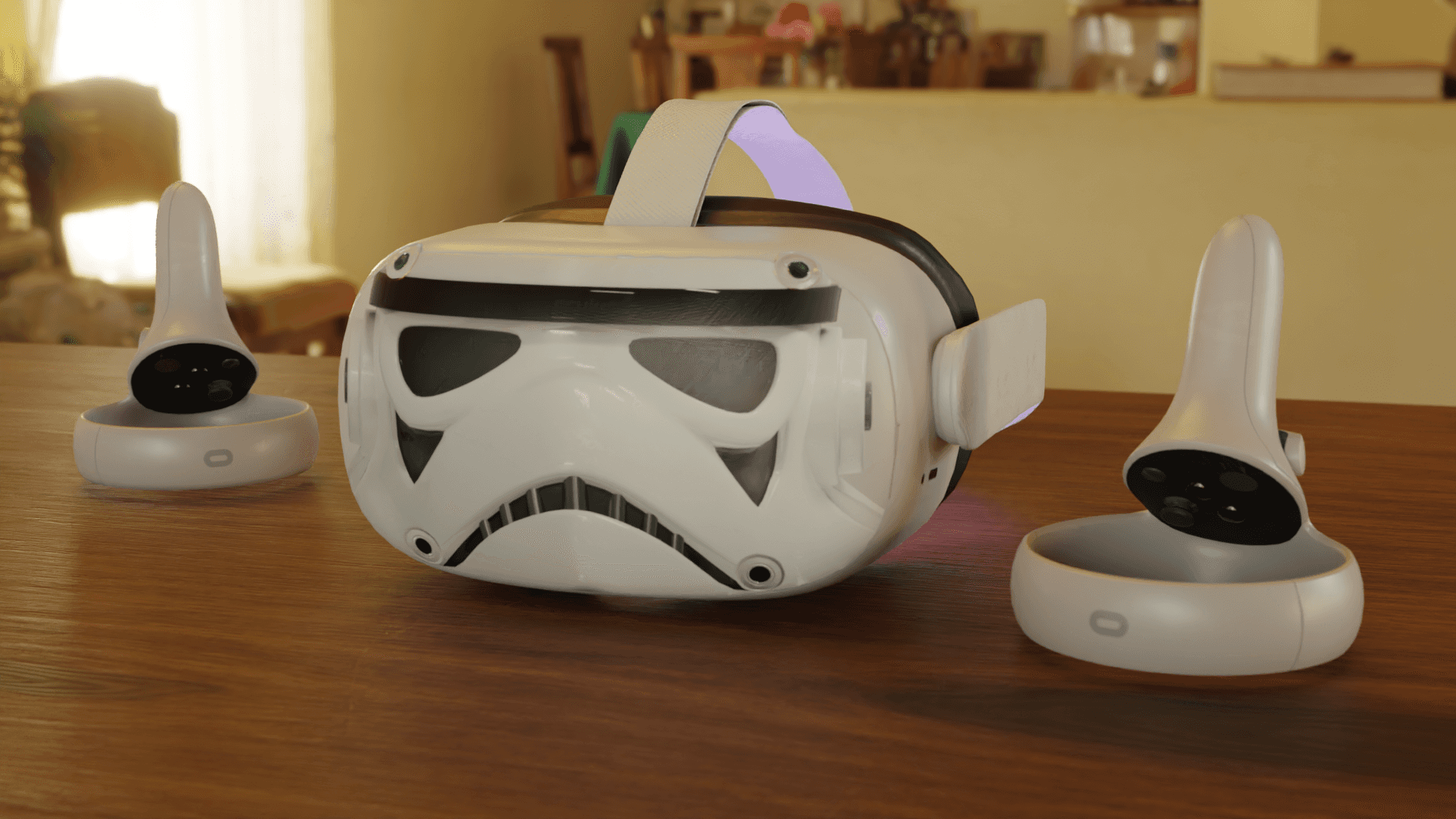 A Star Wars Stormtrooper Vr Headset Sits On A Table