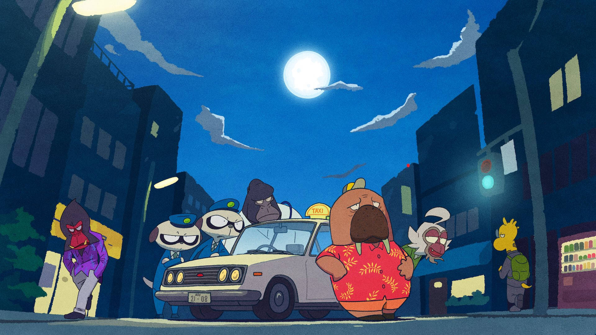 Odd Taxi Characters At Night Background