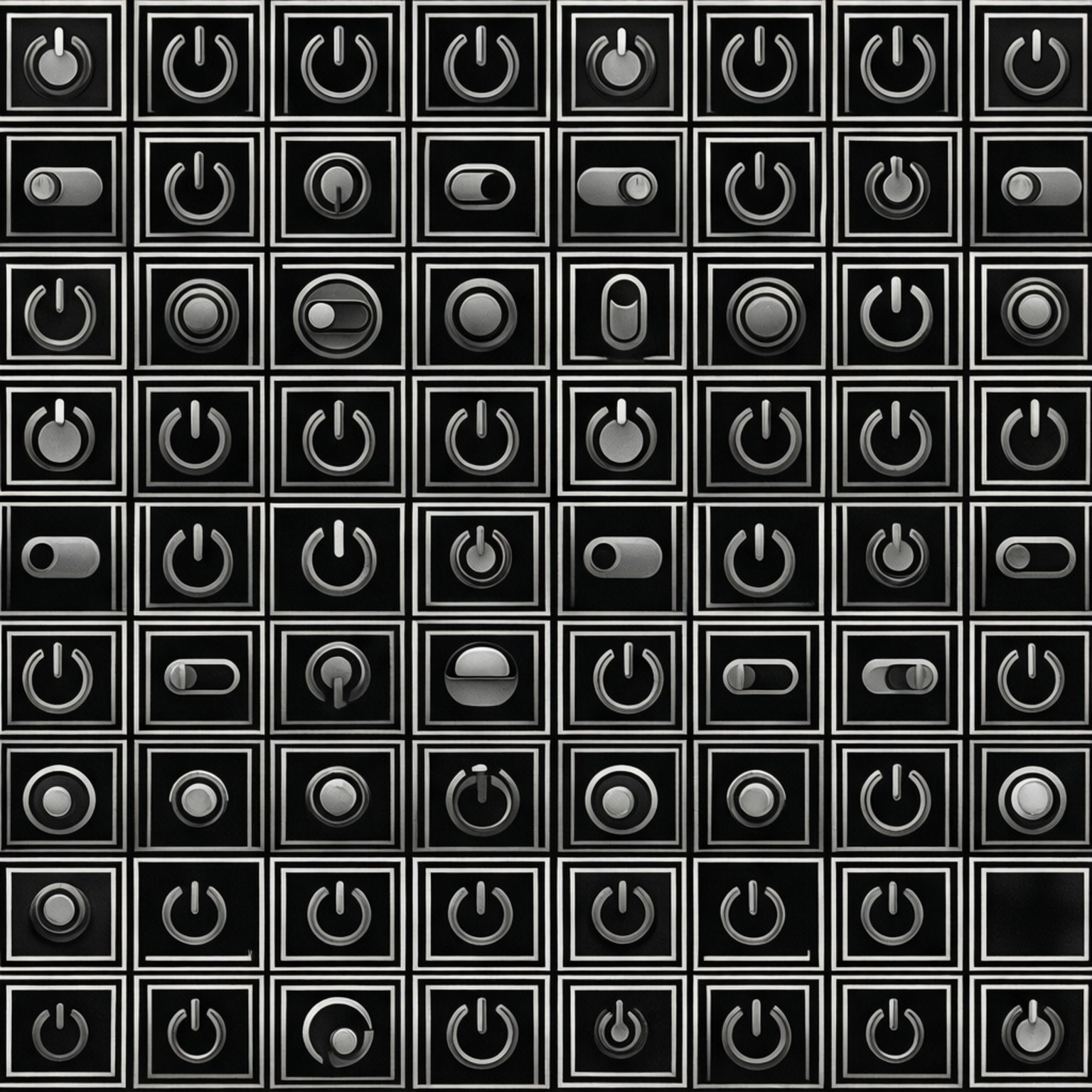 Un motivo ripetuto di diverse icone OFF in uno sfondo monocromatico.