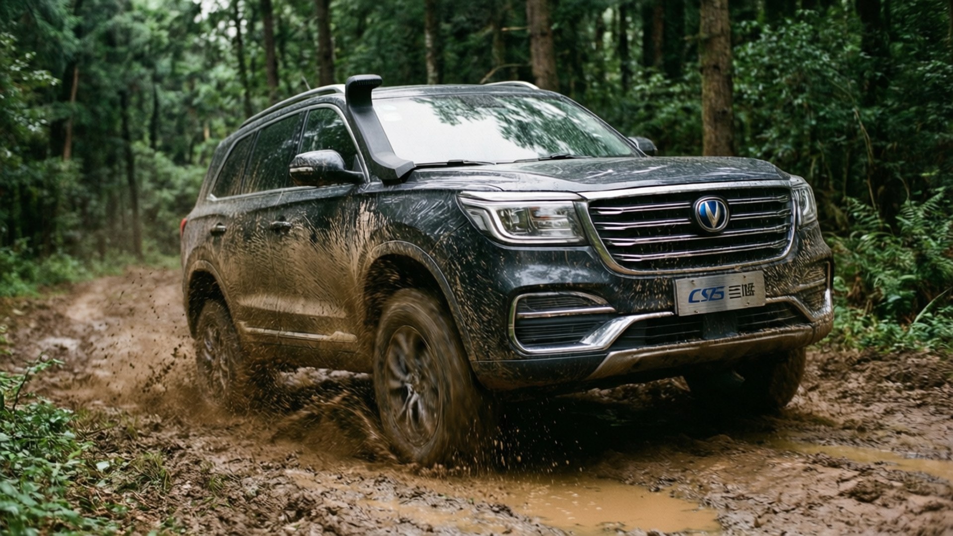 Changan CS95 tackling a muddy off-road trail in the forest.