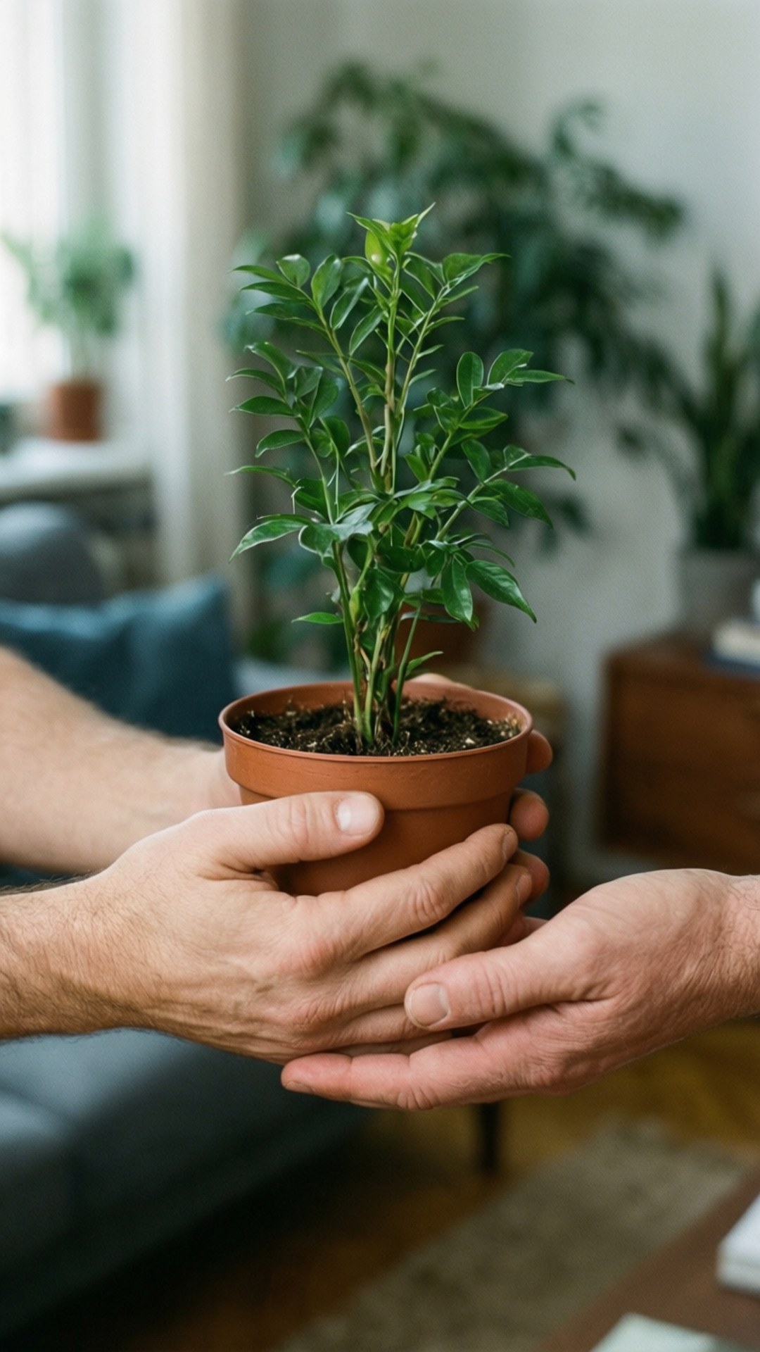Hender som tilbyr en potteplante som en unnskyldning.