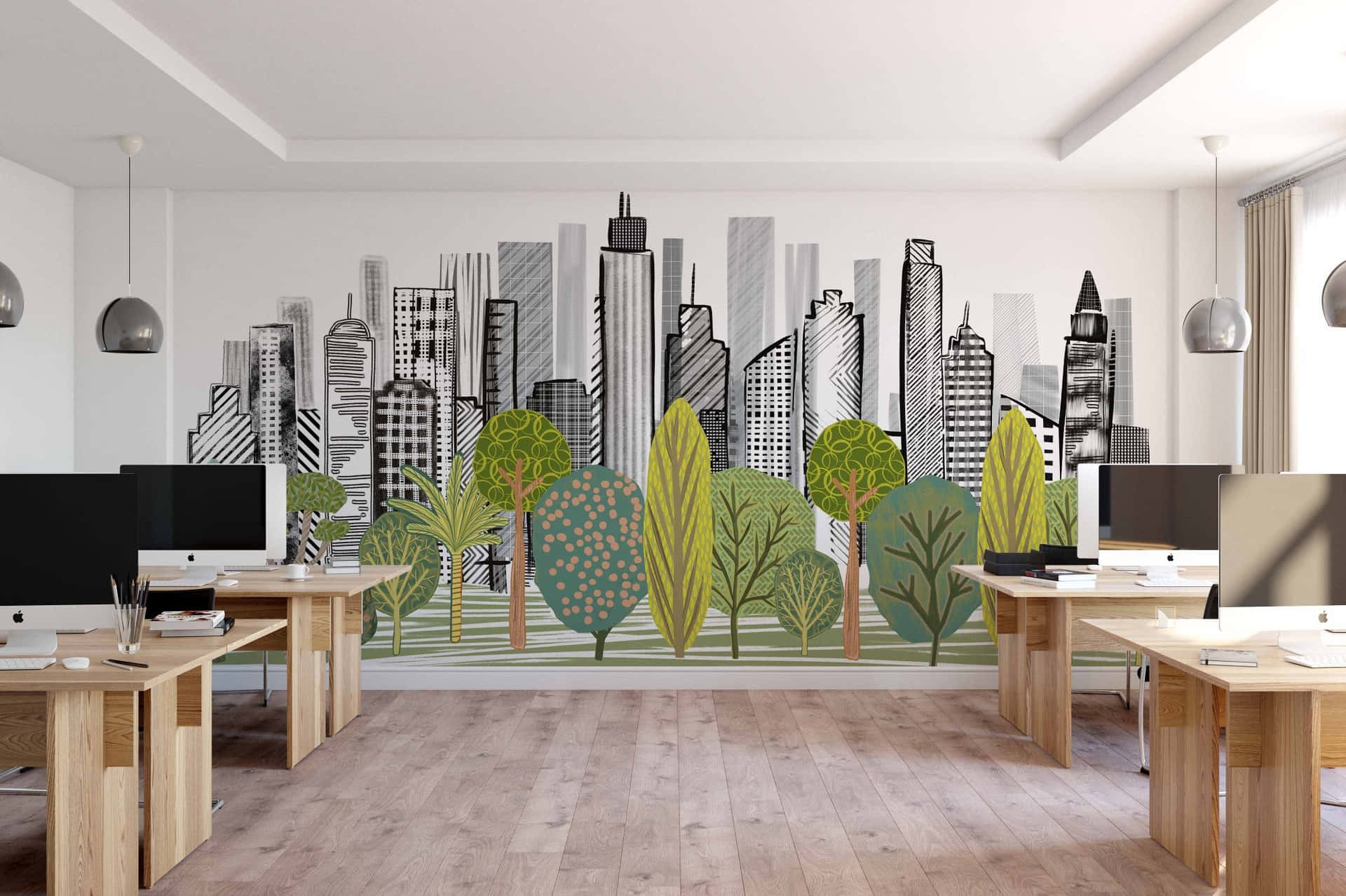 A Modern Office With A Cityscape Mural