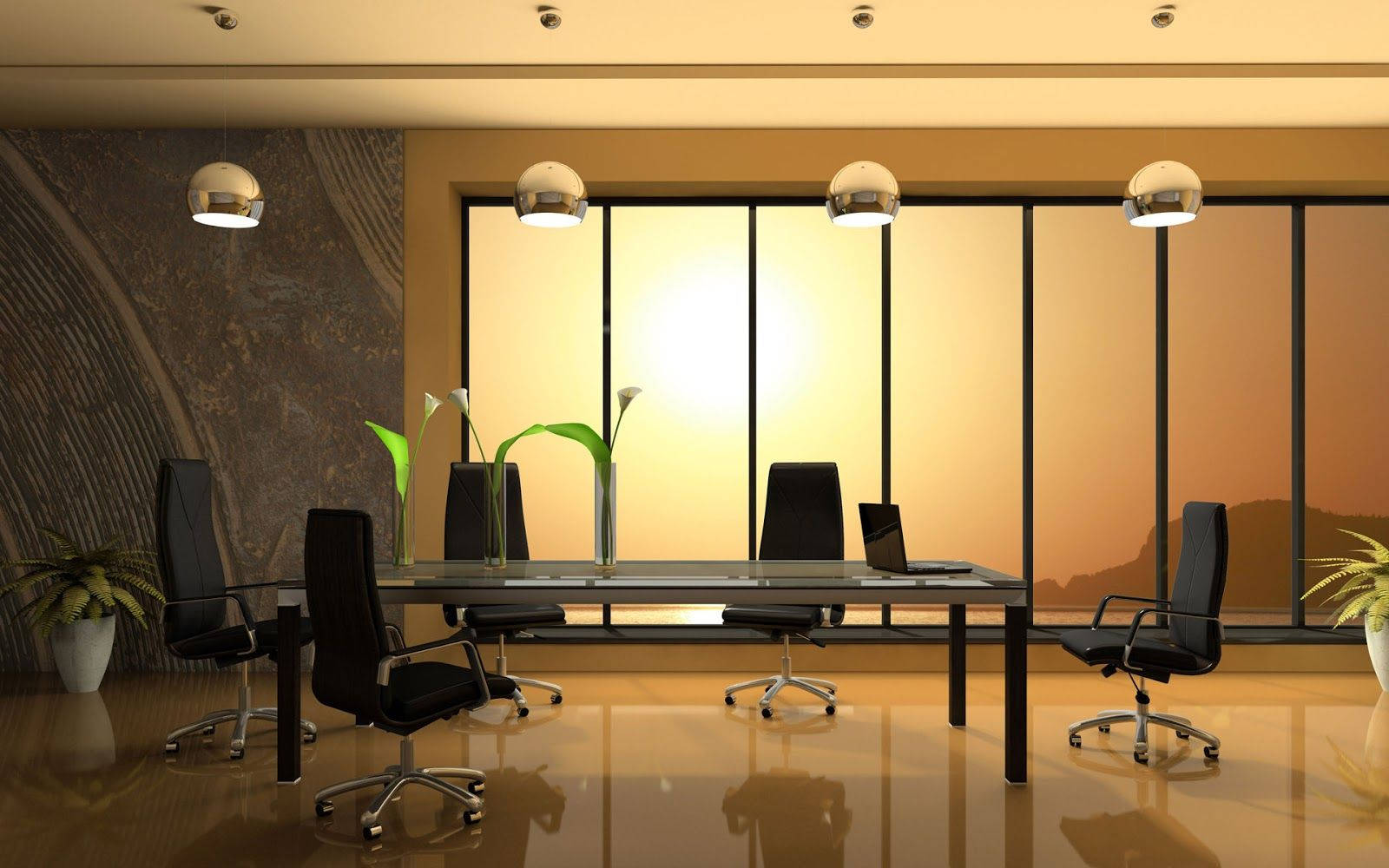 Office Desk Conference Room At Sunset Wallpaper