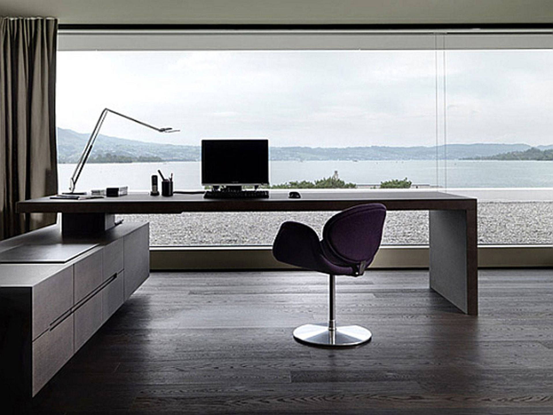 Office Desk With Coastline View Wallpaper