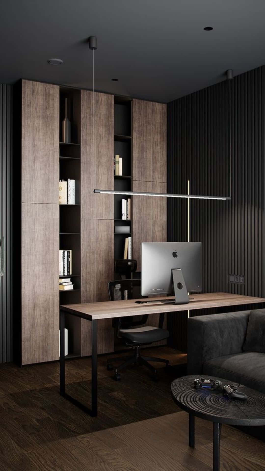 A Modern Office With Dark Wood And Black Furniture