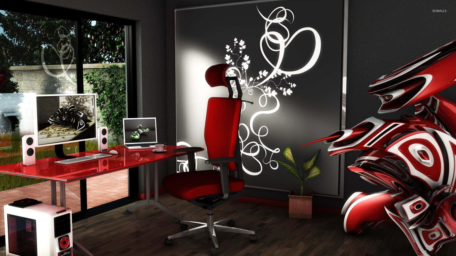 A Computer Desk With A Red Chair And A Red Wall