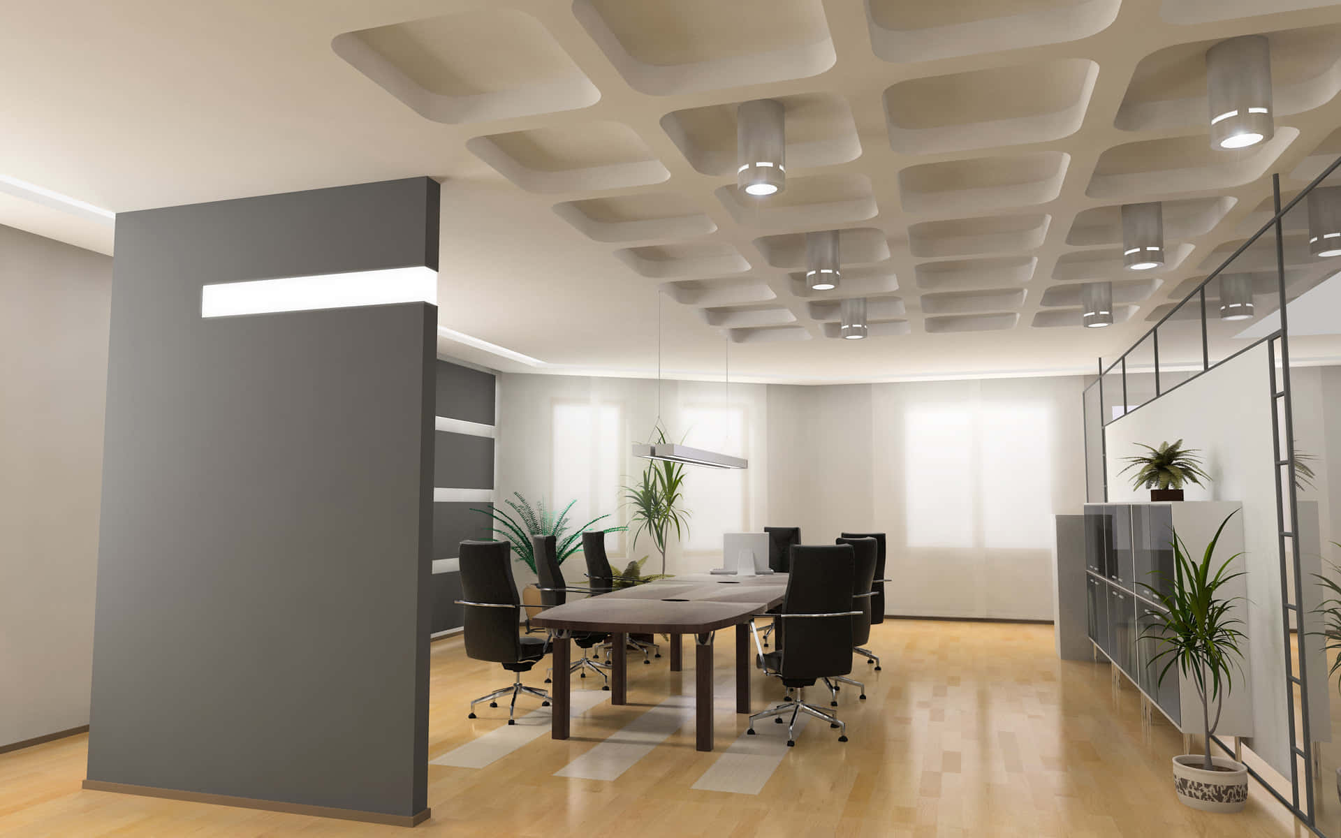 An Office With A White Wall And Wooden Floor