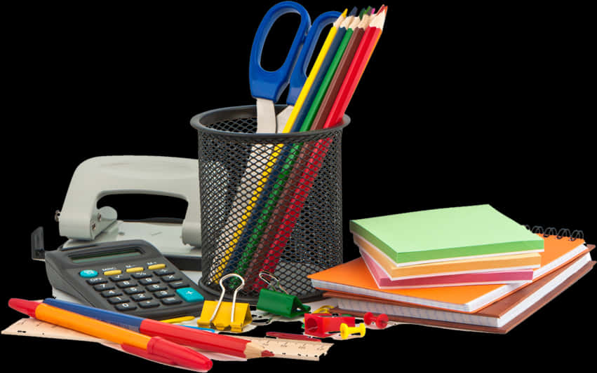 Office Supplies Collection Black Background PNG