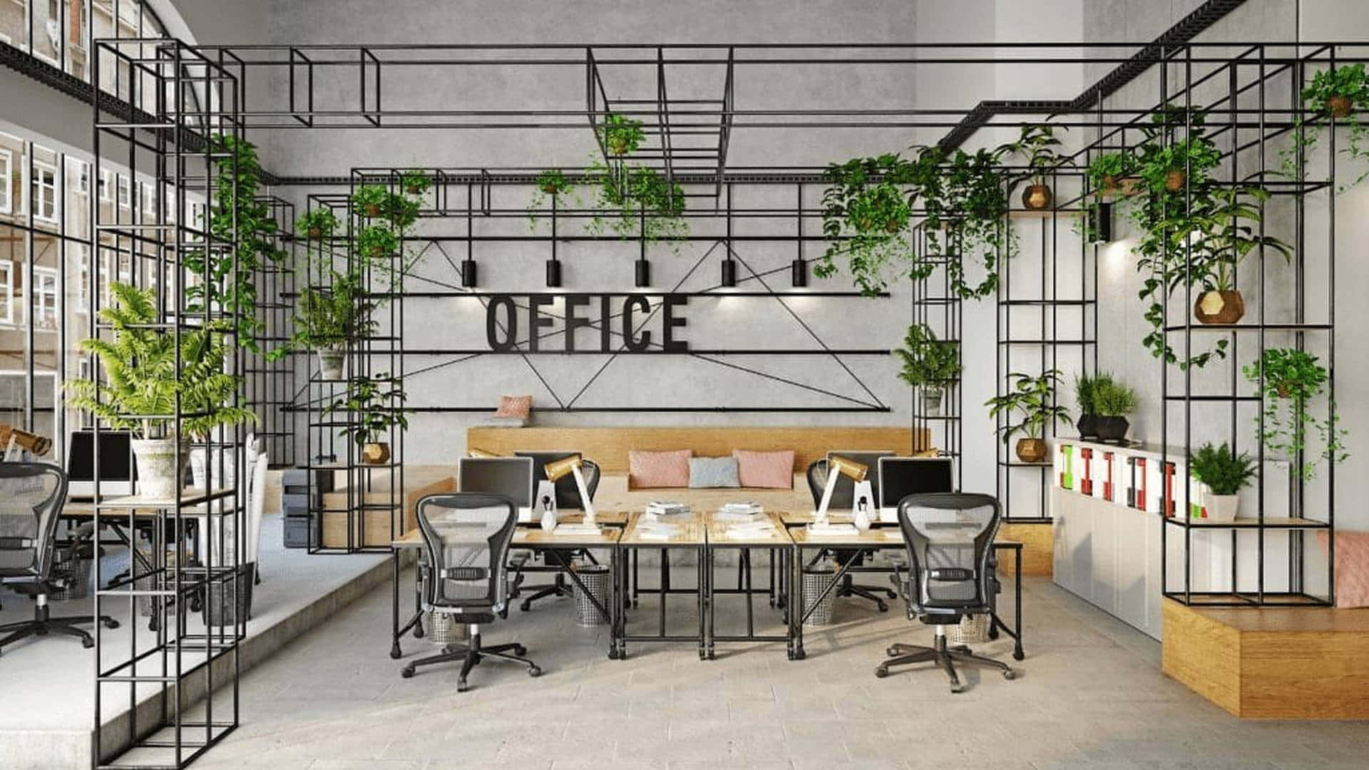 An Office With Plants And A Desk
