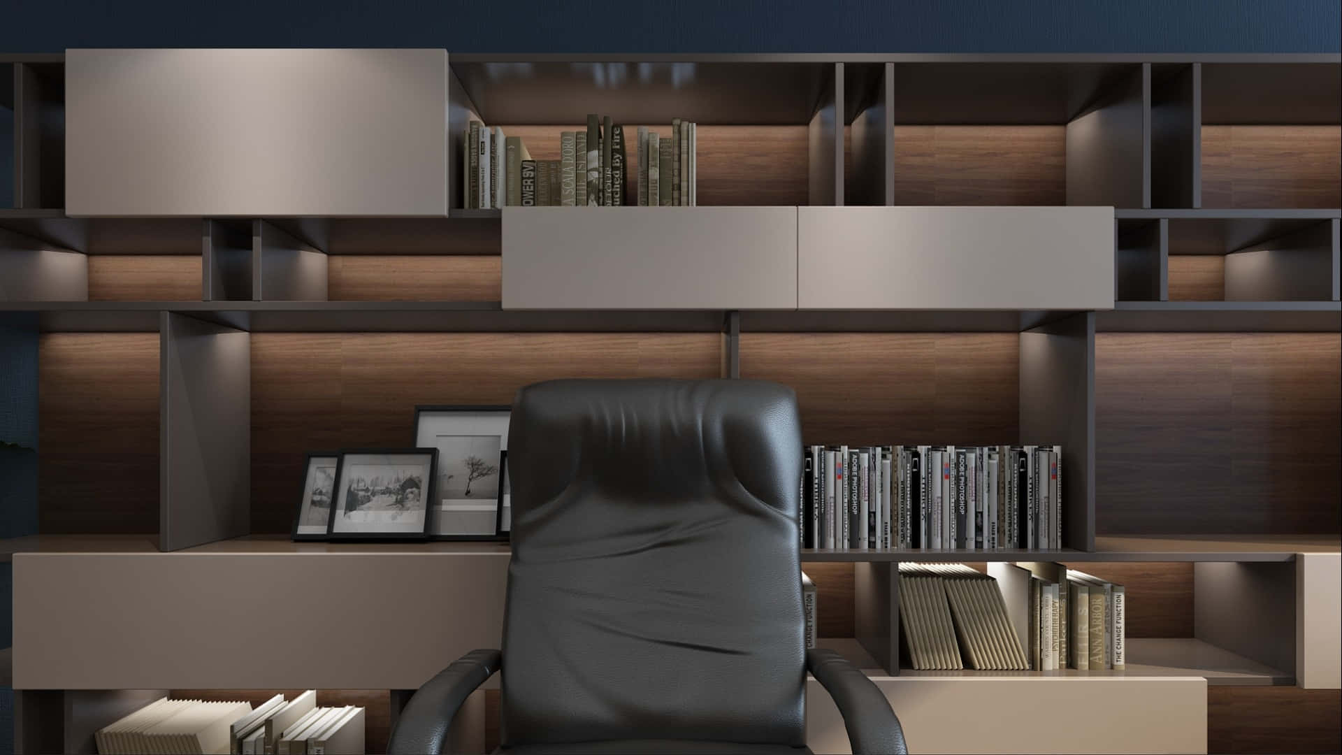 A Modern Office With A Black Chair And Bookshelves