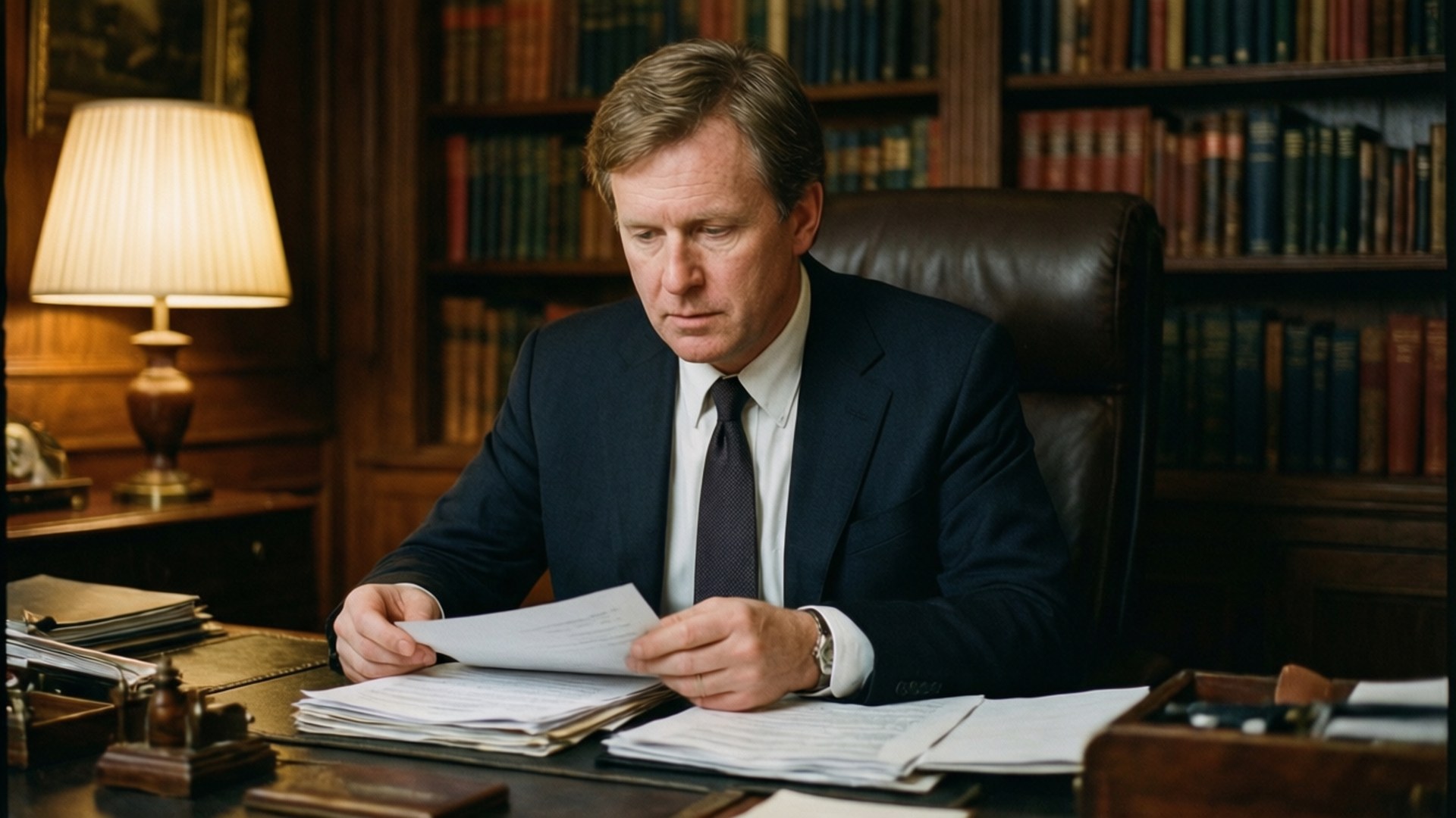Gavin Williamson sidder ved sit skrivebord og gennemgår dokumenter i et varmt oplyst kontor.