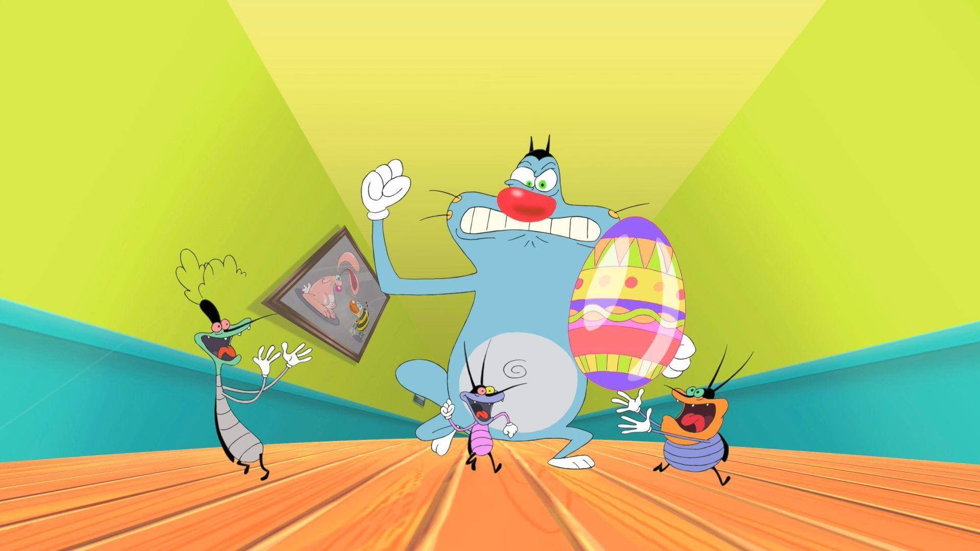 Oggy And The Cockroaches Chasing With Egg Background
