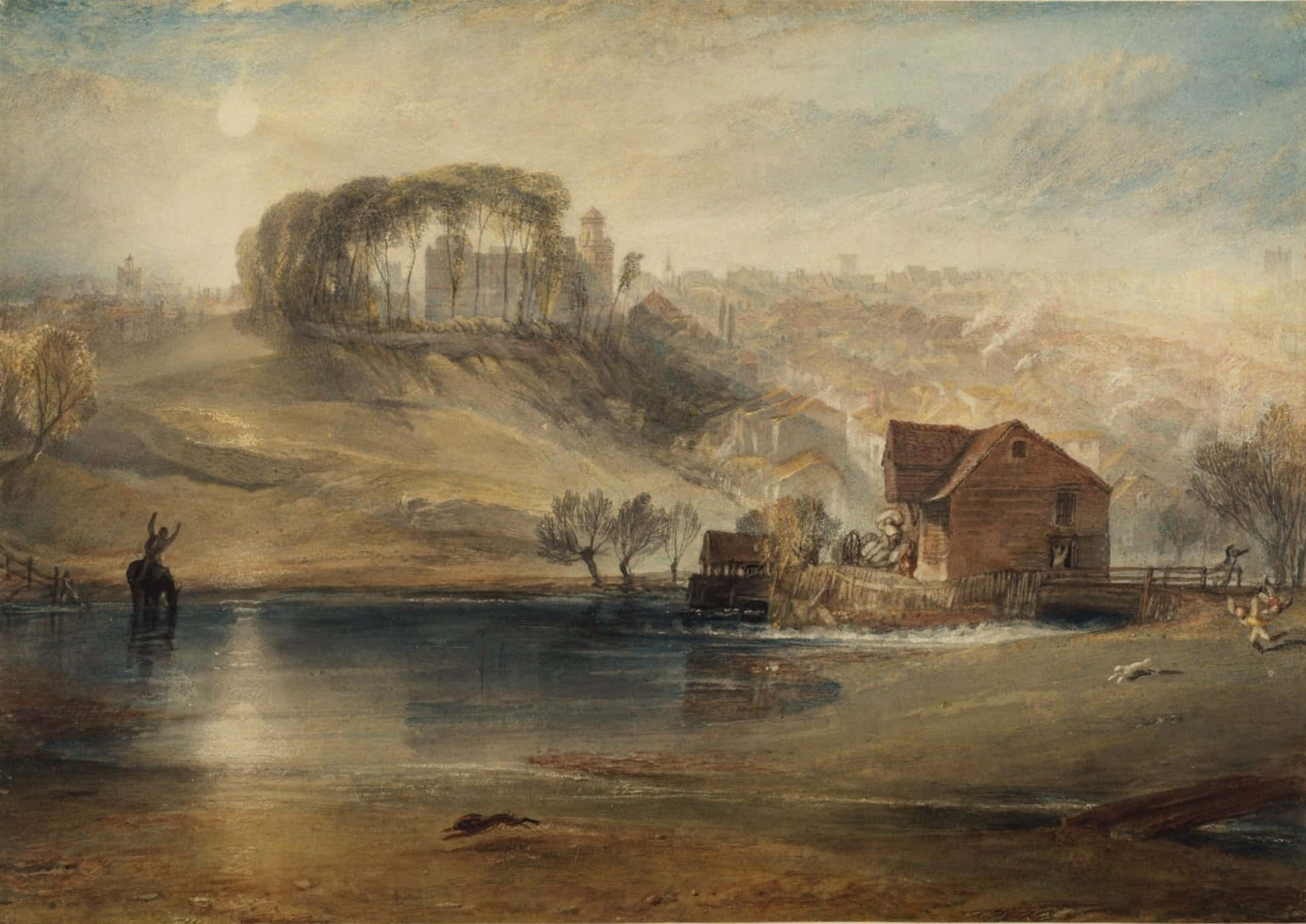 a painting of a river with a house in the background
