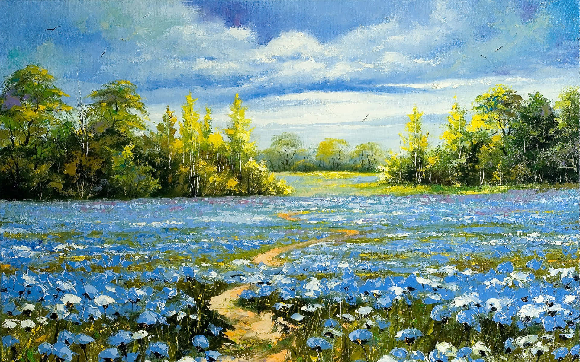 a painting of a blue flower field