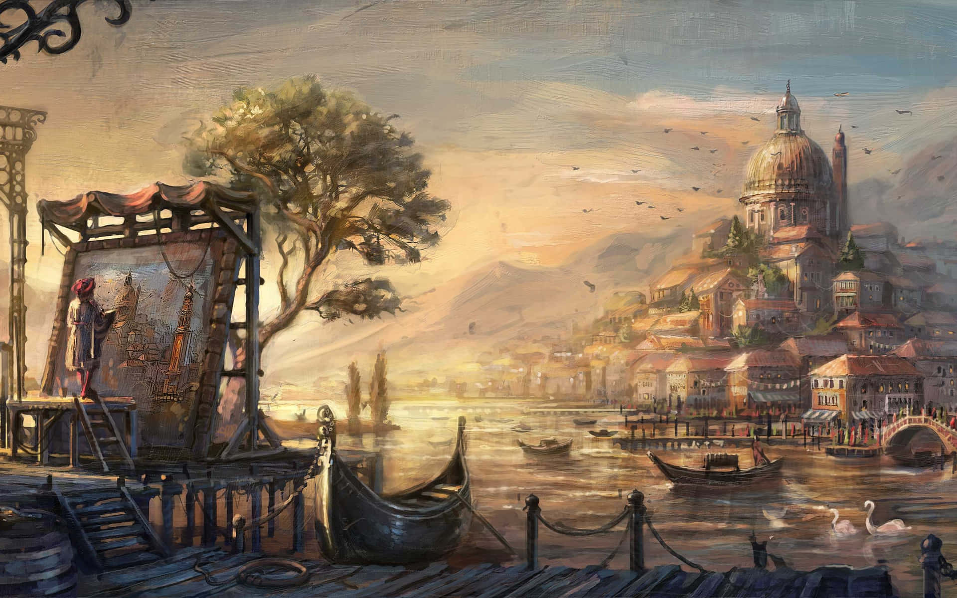 Enmålning Av En Stad Med Båtar Och En Båt