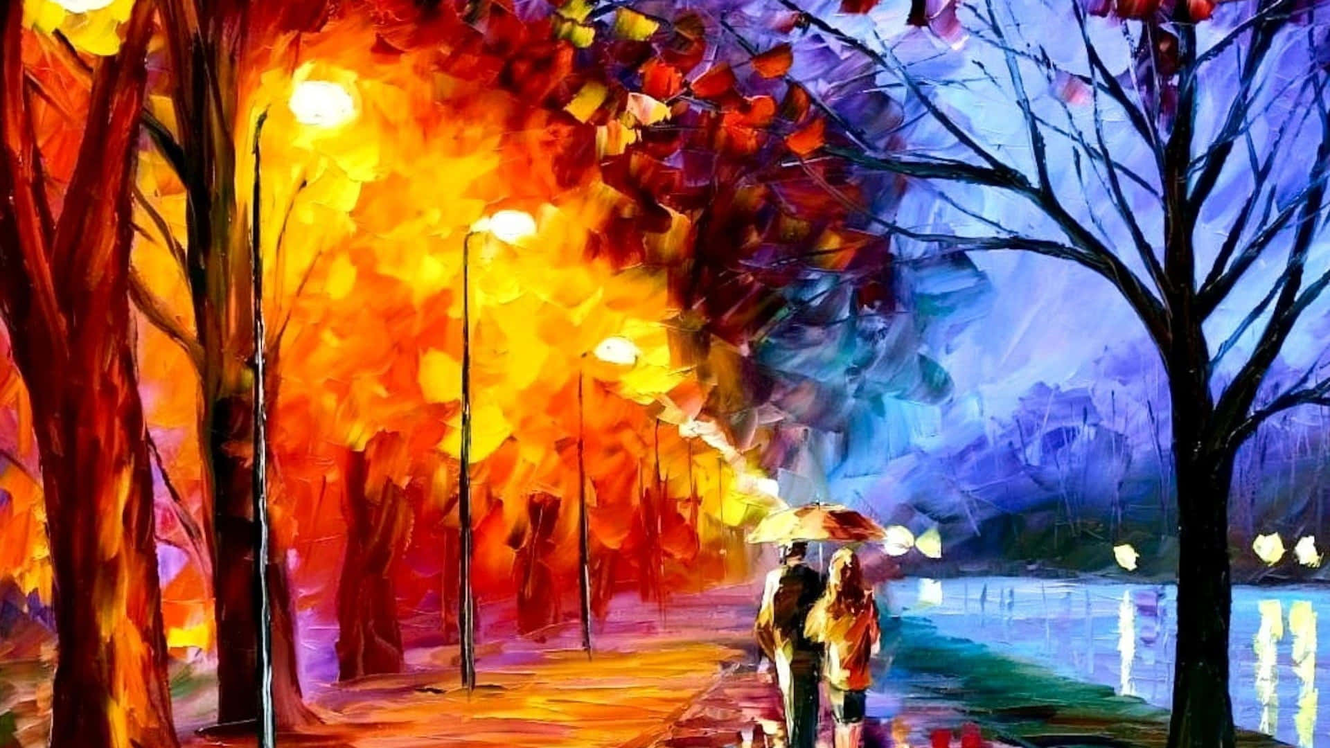 Enmålning Av Ett Par Som Promenerar På Gatan På Natten