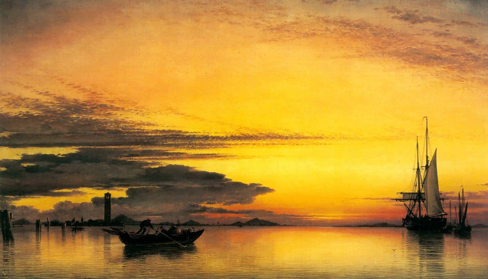 Enmålning Av En Solnedgång Med Båtar I Vattnet