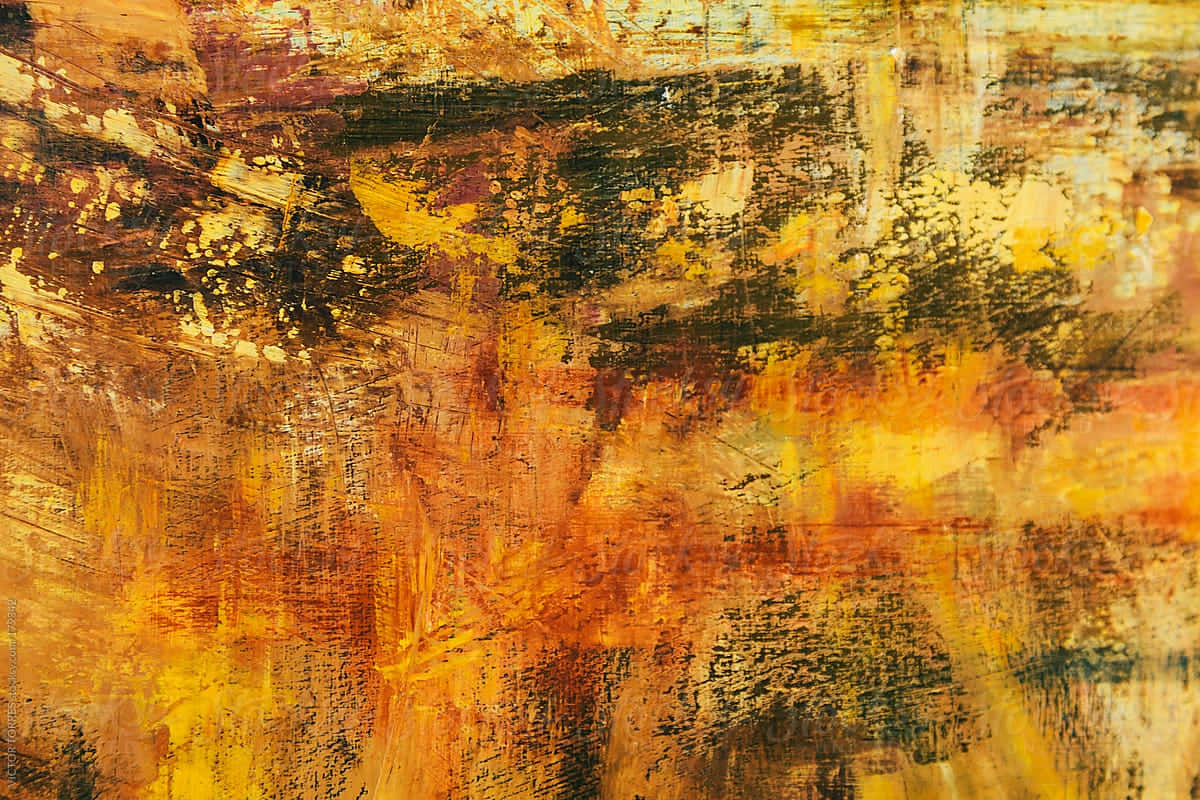 an abstract painting with yellow, brown and orange colors