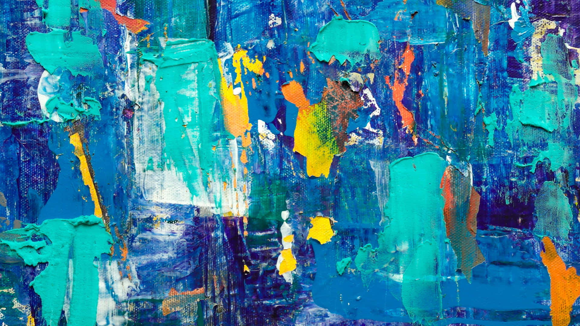 a painting with blue, orange and yellow paint