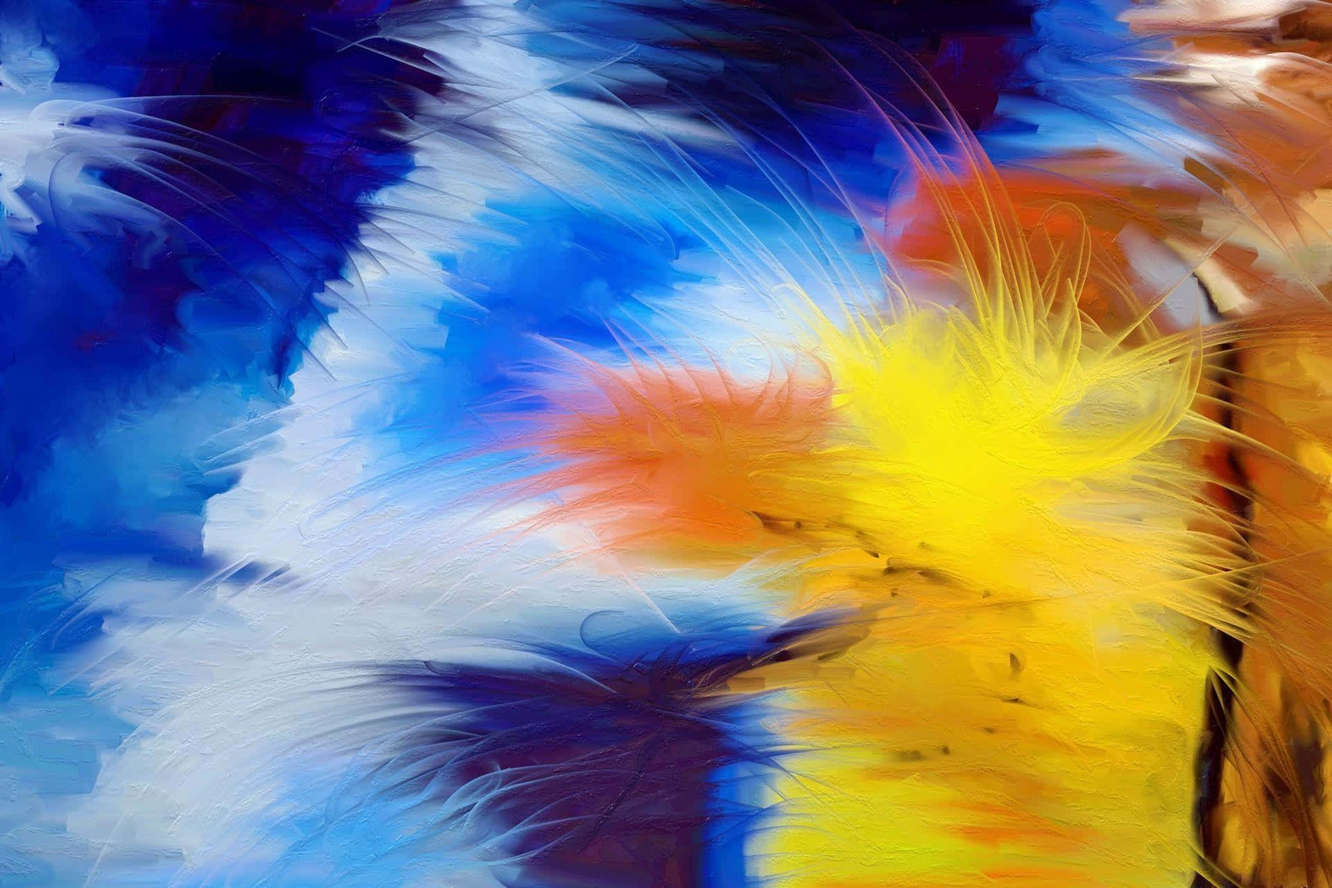 an abstract painting of a blue and yellow feather