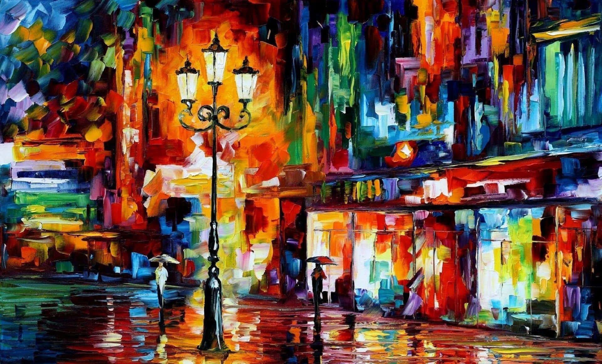 a painting of a street scene with lights and people