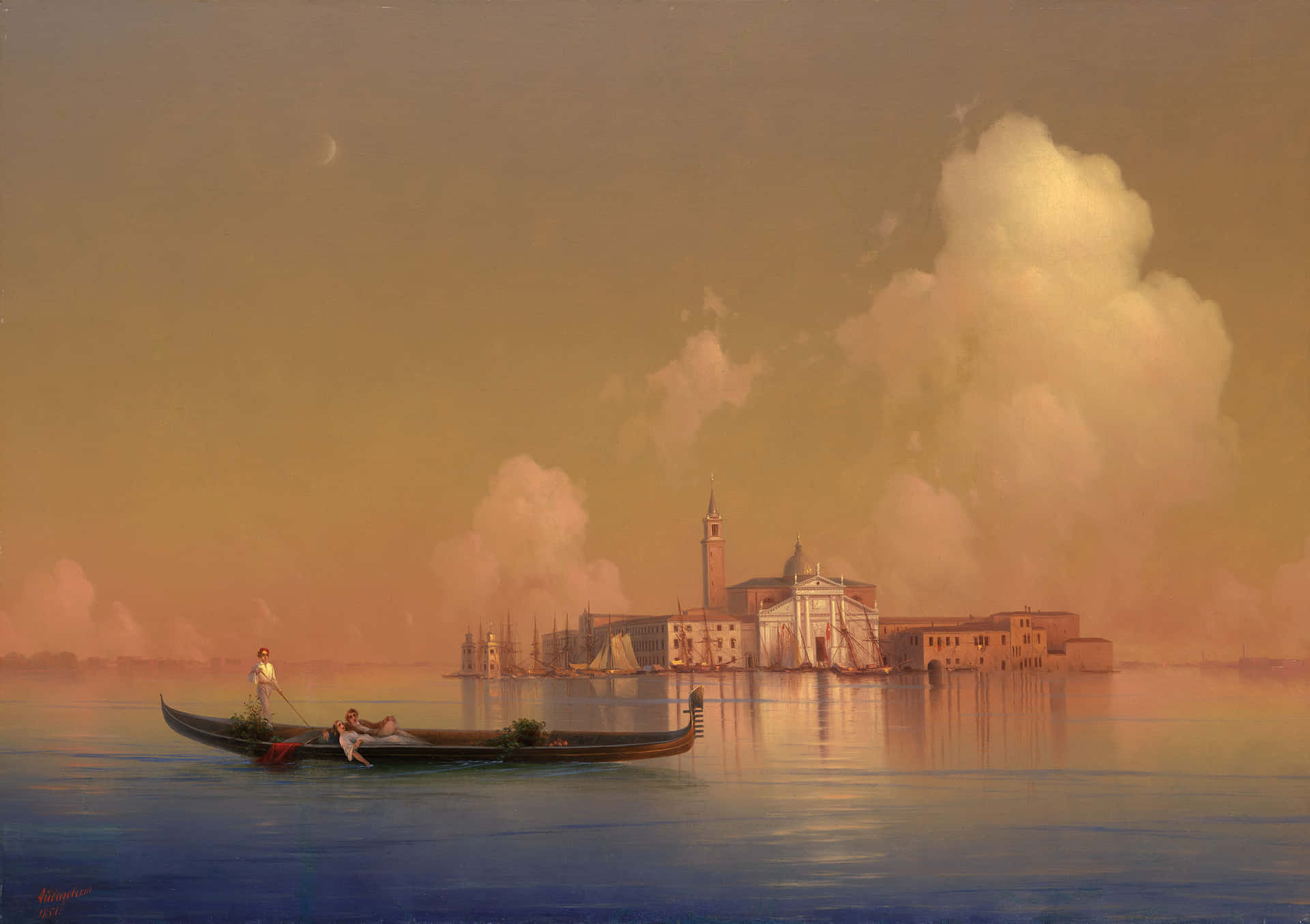 a painting of a gondola in the water with clouds
