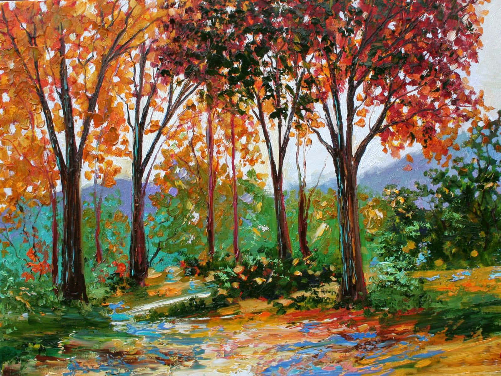 a painting of trees in autumn