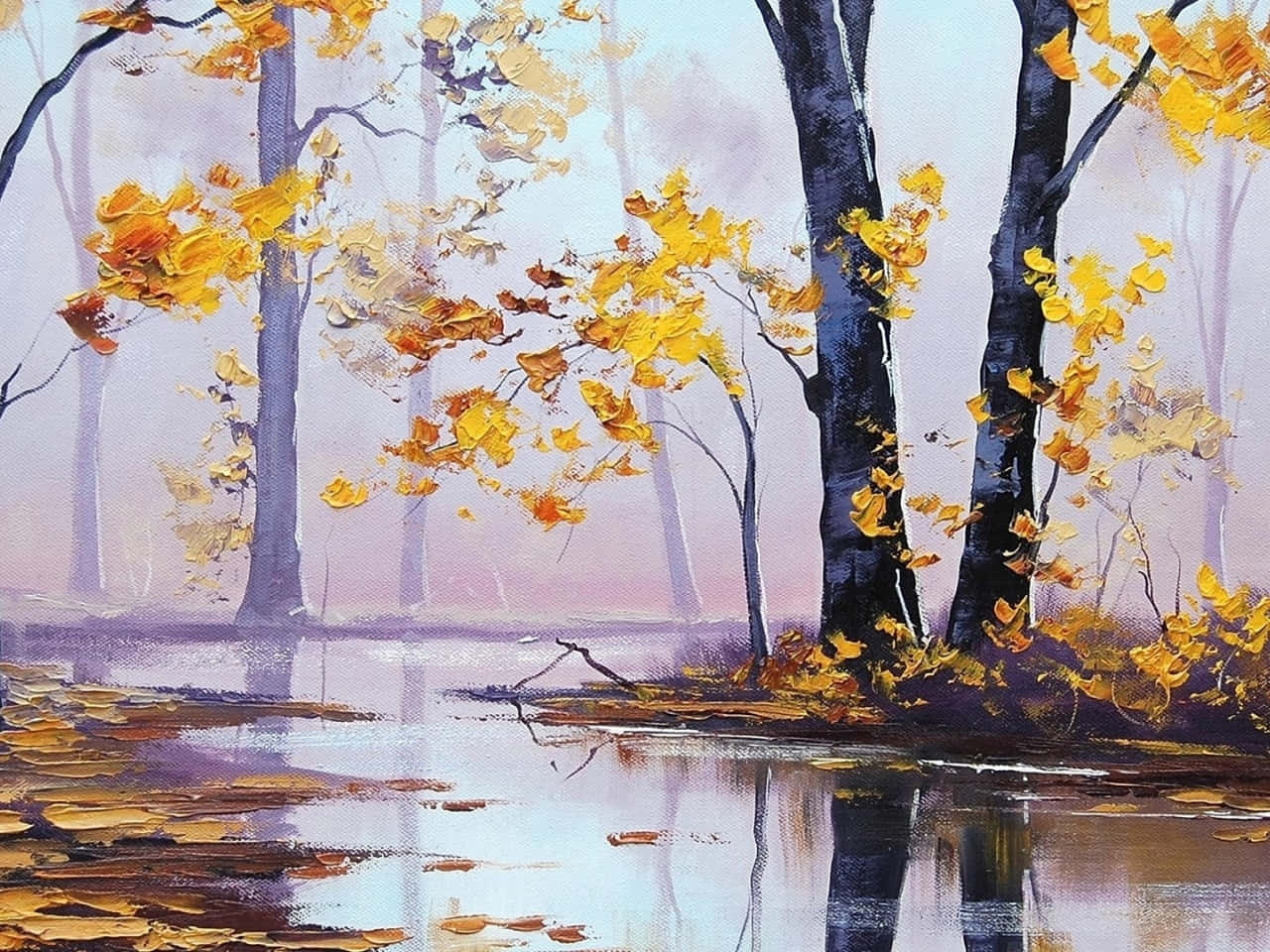 Et smukt olie maleri af en solopgang over en sø. Wallpaper