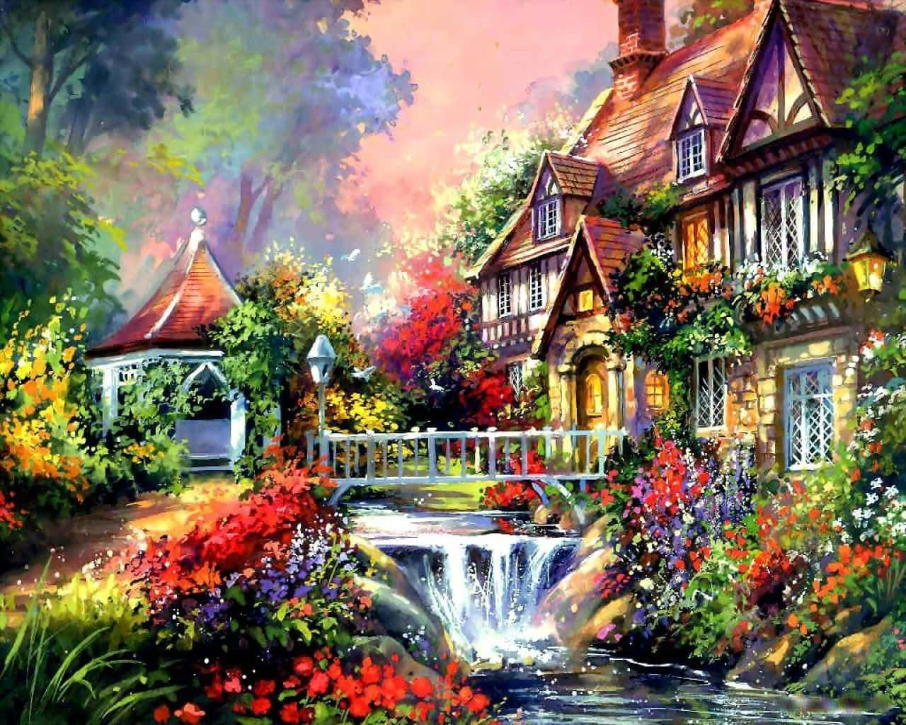 En maleri af et hus med en å og blomster Wallpaper