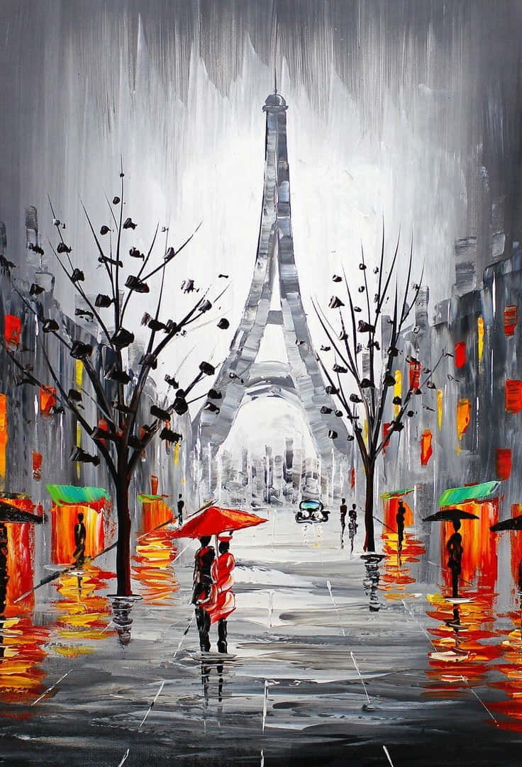 Enmålning Av Ett Par Som Går I Regnet Nära Eiffeltornet. Wallpaper
