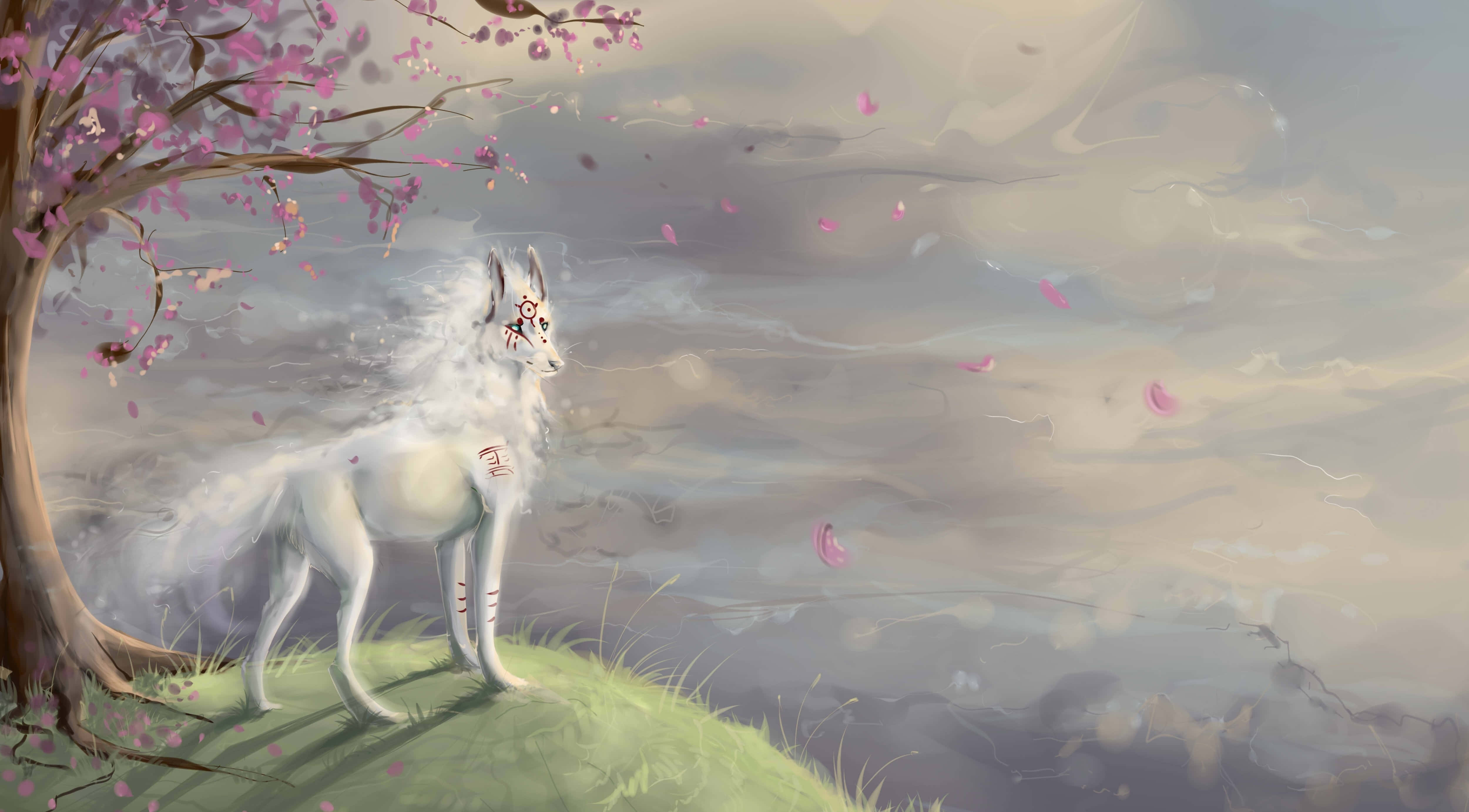 A White Unicorn Standing On A Hill With Pink Flowers Wallpaper