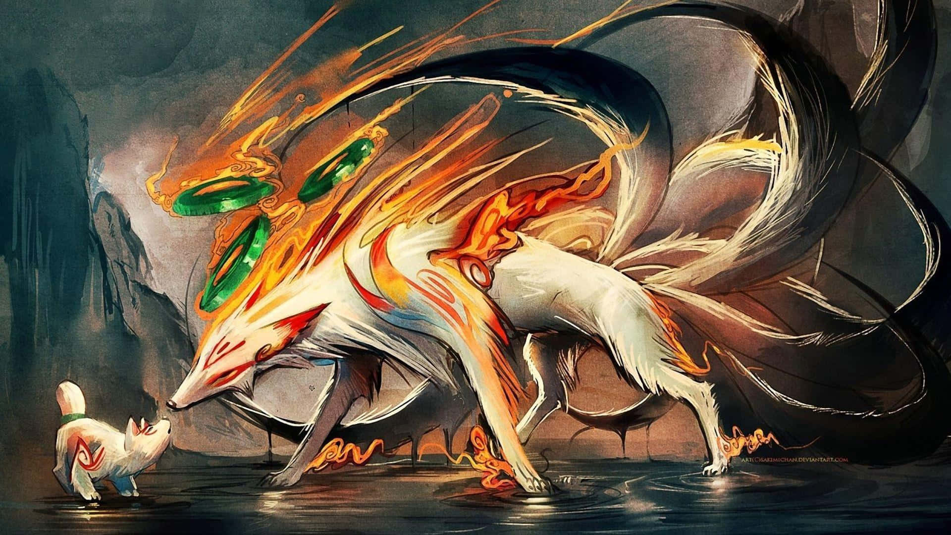 A White Dog With Fire And A White Cat Wallpaper