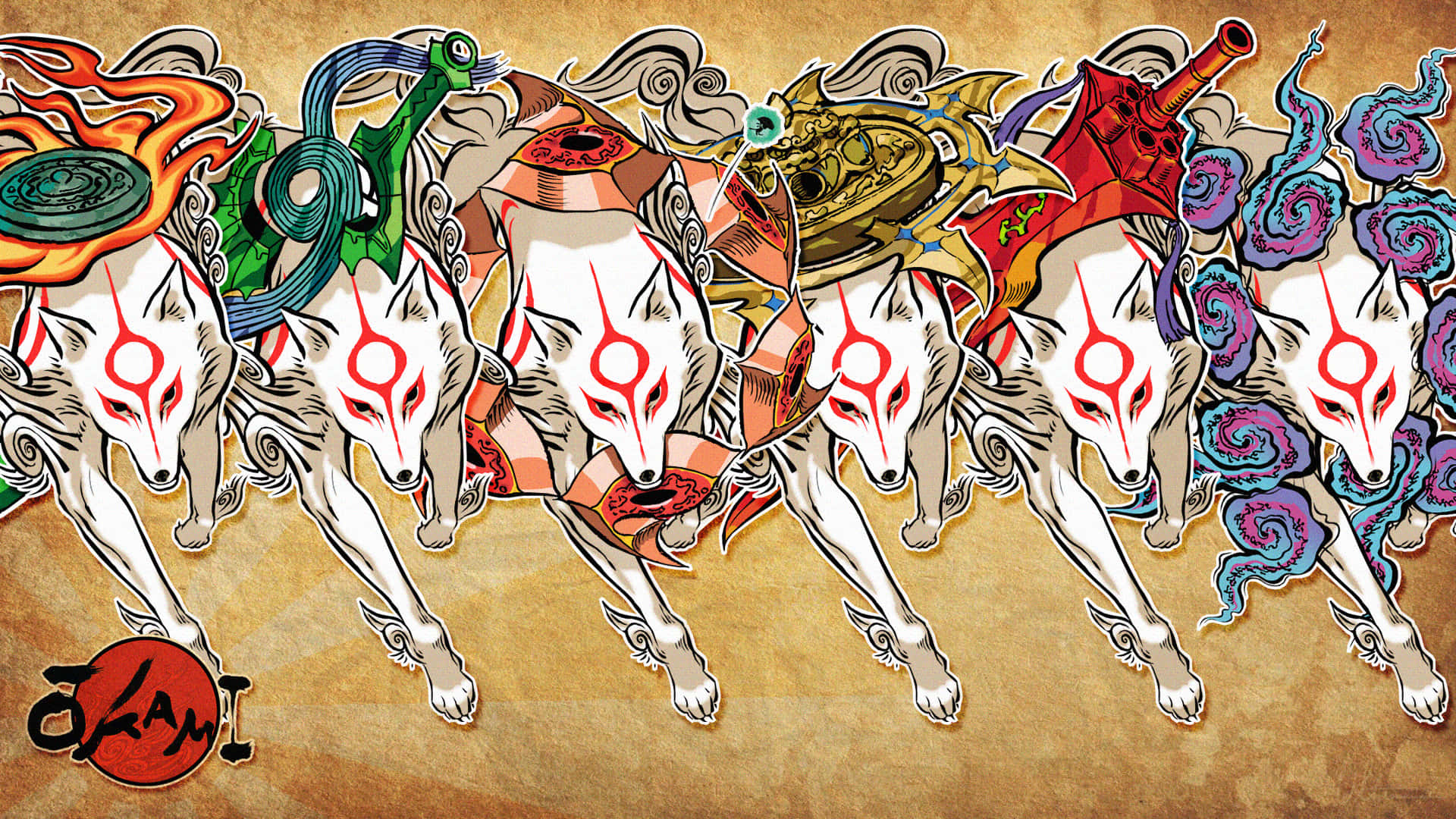 Et gruppe af heste med forskellige designs, der løber tværs over papiret. Wallpaper