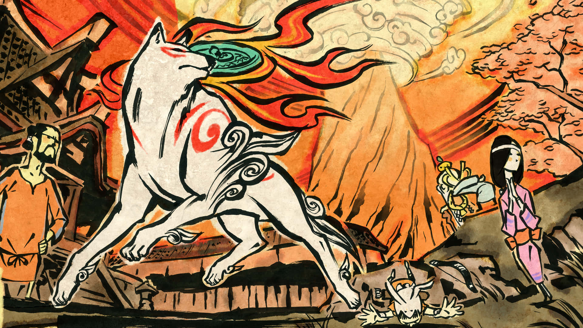 A Drawing Of A Dog And A Woman Walking In Front Of A Fire Wallpaper