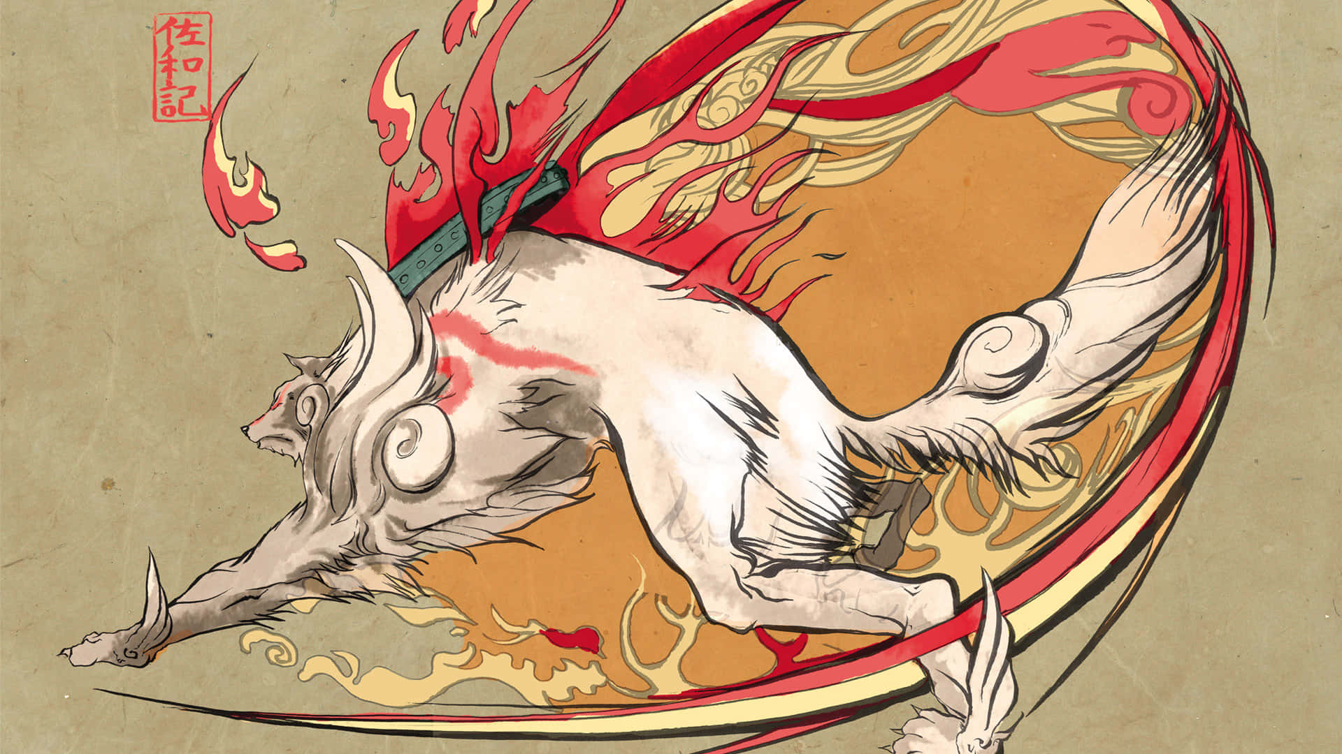 Okami Dog Drawing Flames Hd Wallpaper