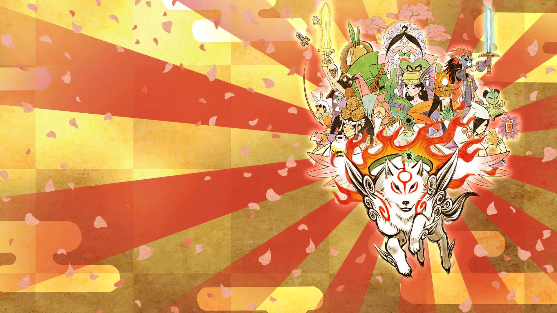 Okami Design Red And Yellow Background Hd Wallpaper