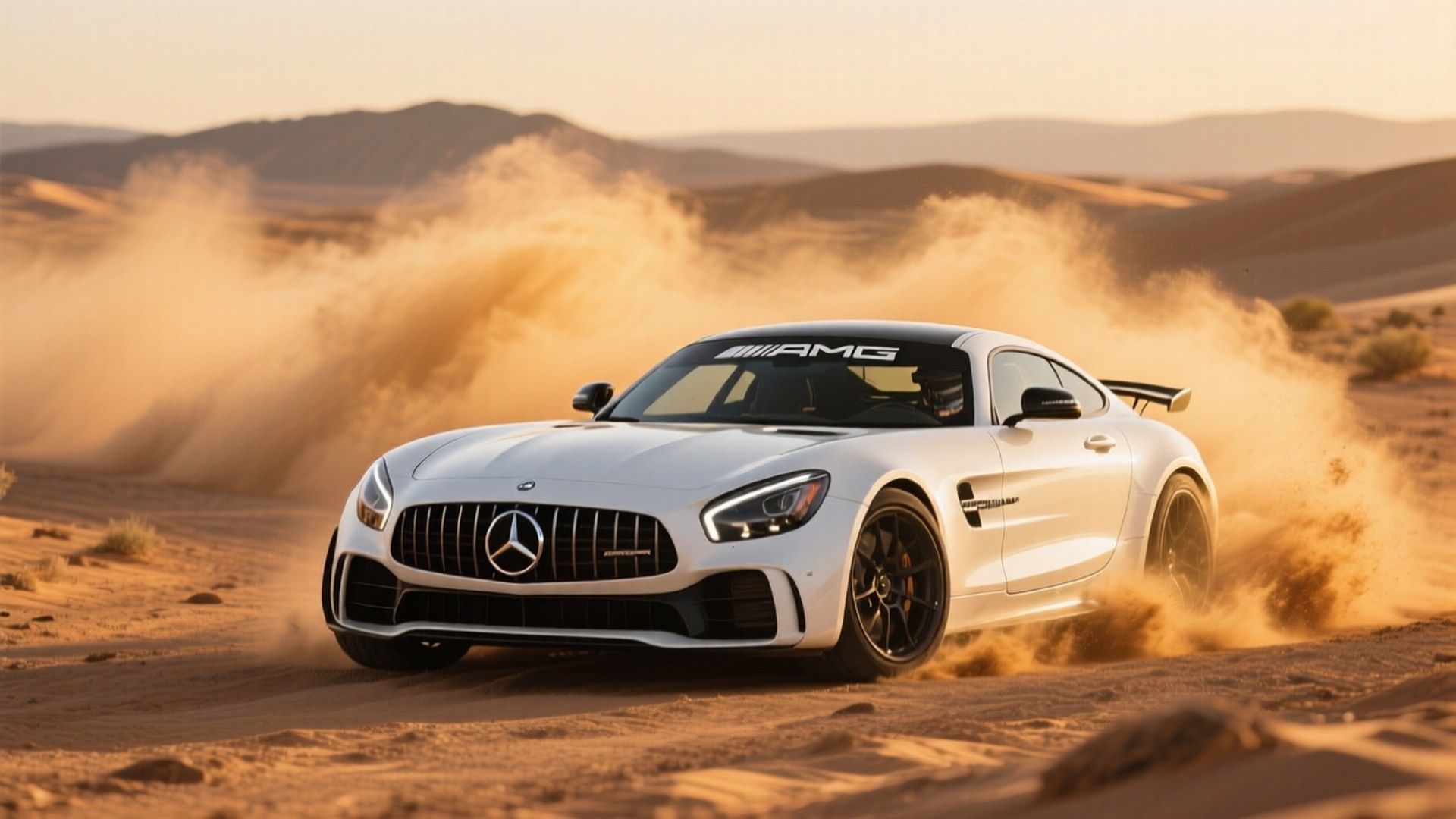 Desert Drift Wallpaper — A white Mercedes-AMG GT racing through a desert, kicking up golden sand against a warm sunset sky.