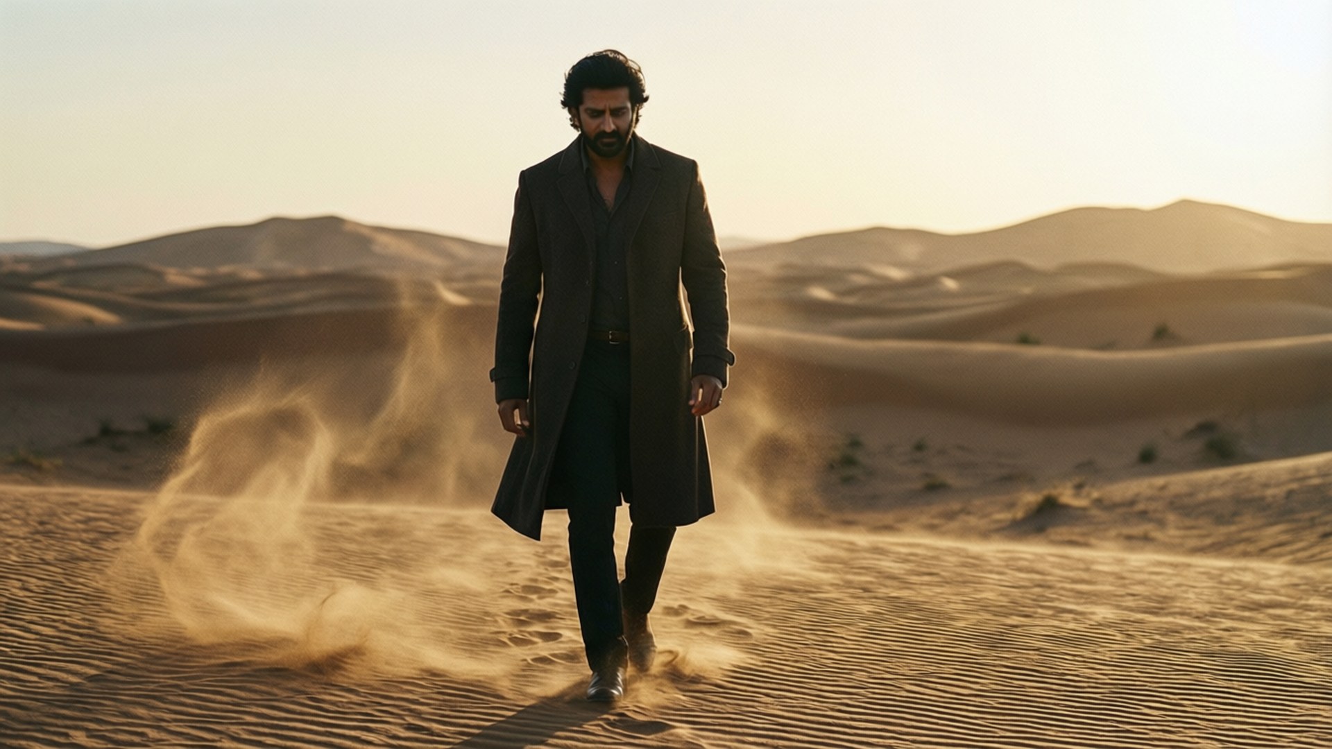 Desert Wanderer Wallpaper — A man in a long coat strides through a golden desert, kicking up sand as dunes stretch under a warm sunset sky.