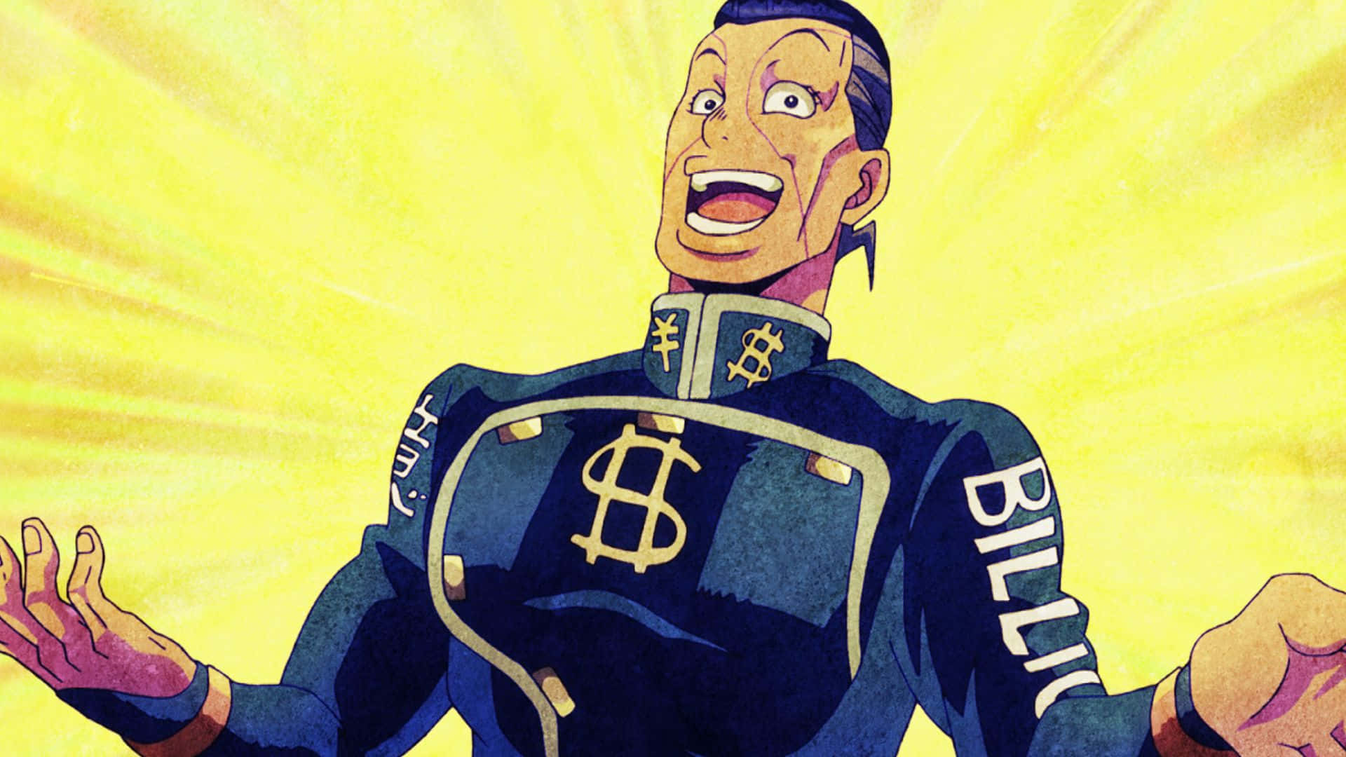 Okuyasu Nijimura striking a dynamic pose in his distinctive outfit against a colorful background Wallpaper