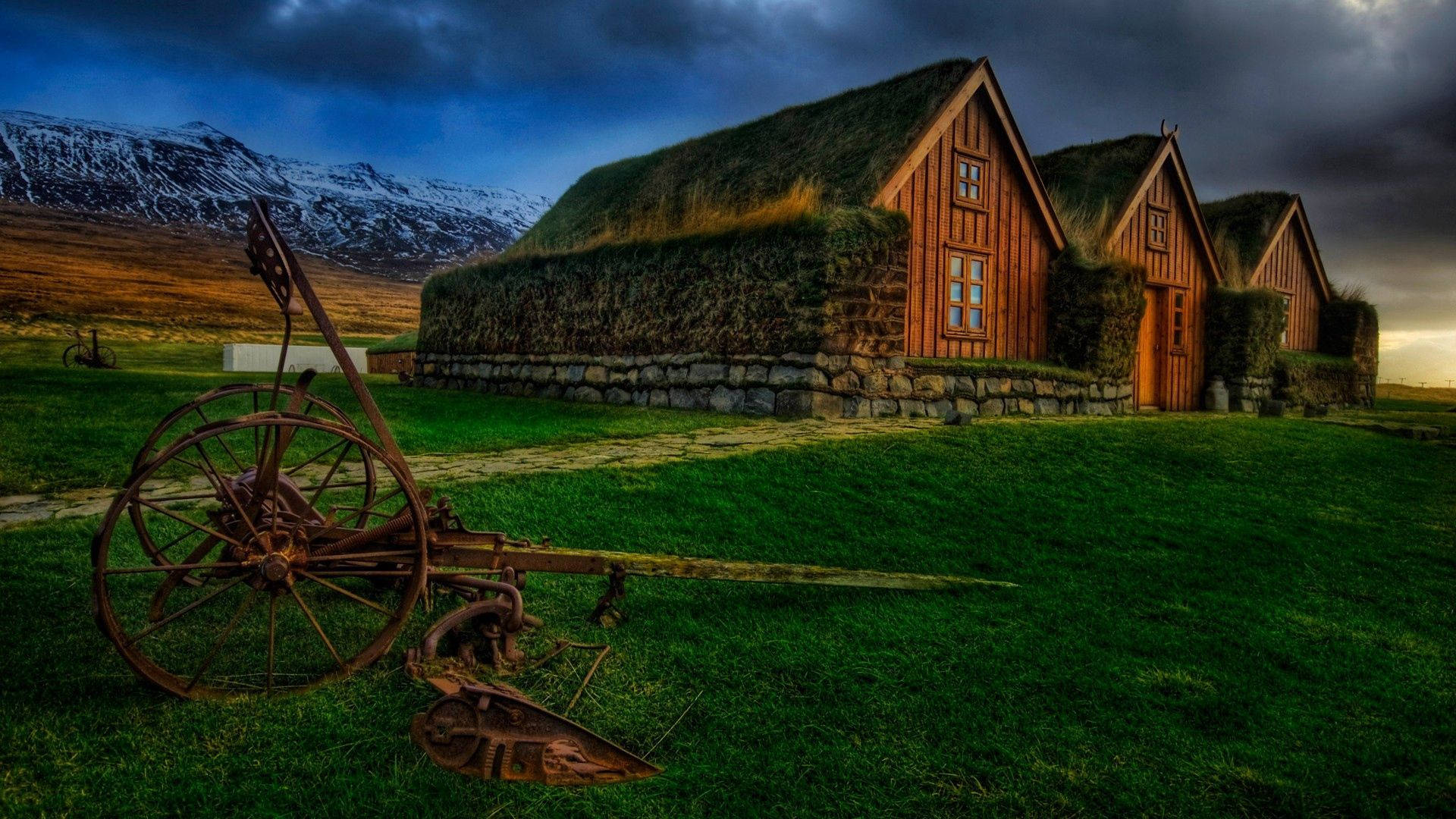 Old Country Homes On Grass Background