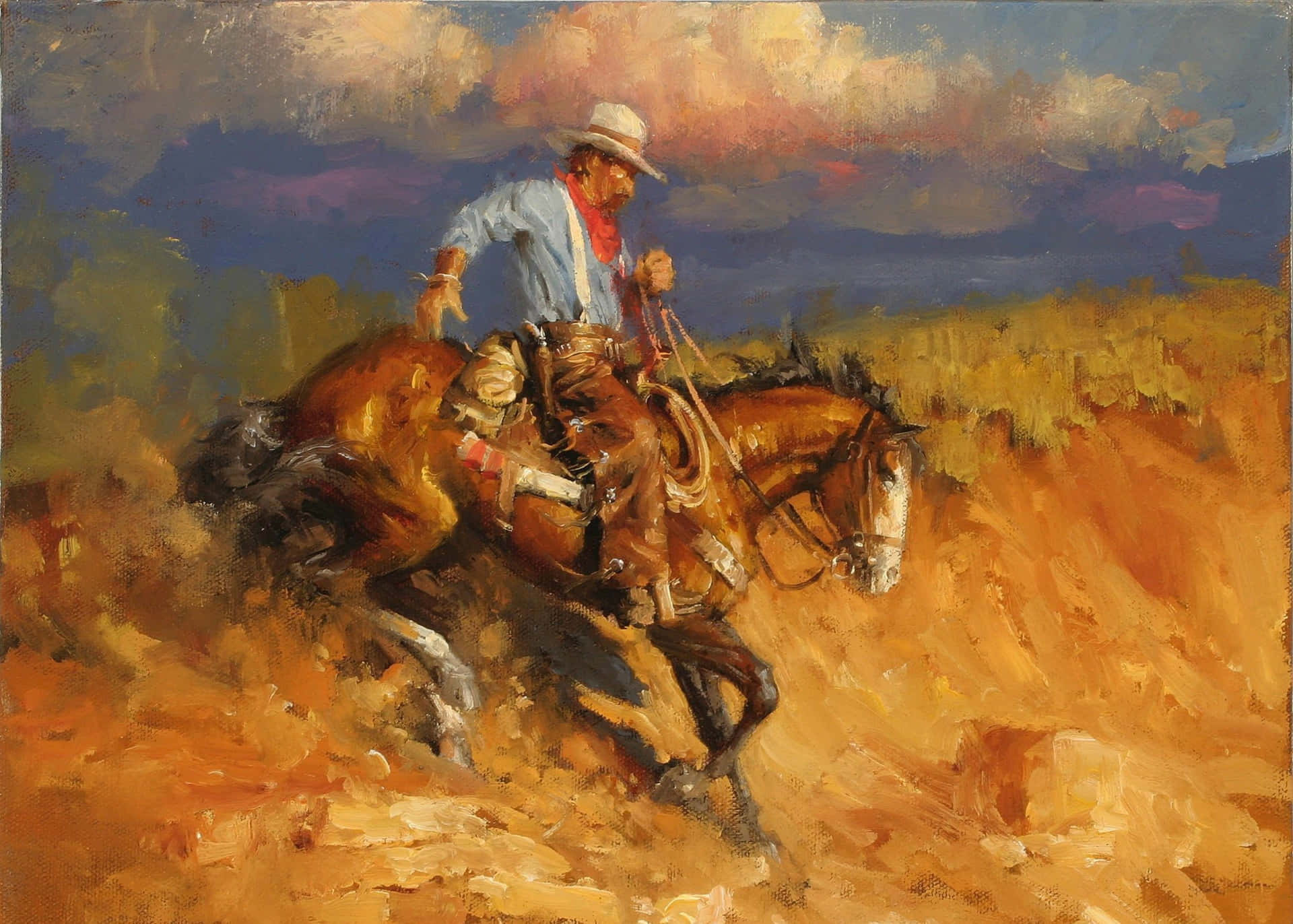 Old Cowboy Riding Horse Painting Picture