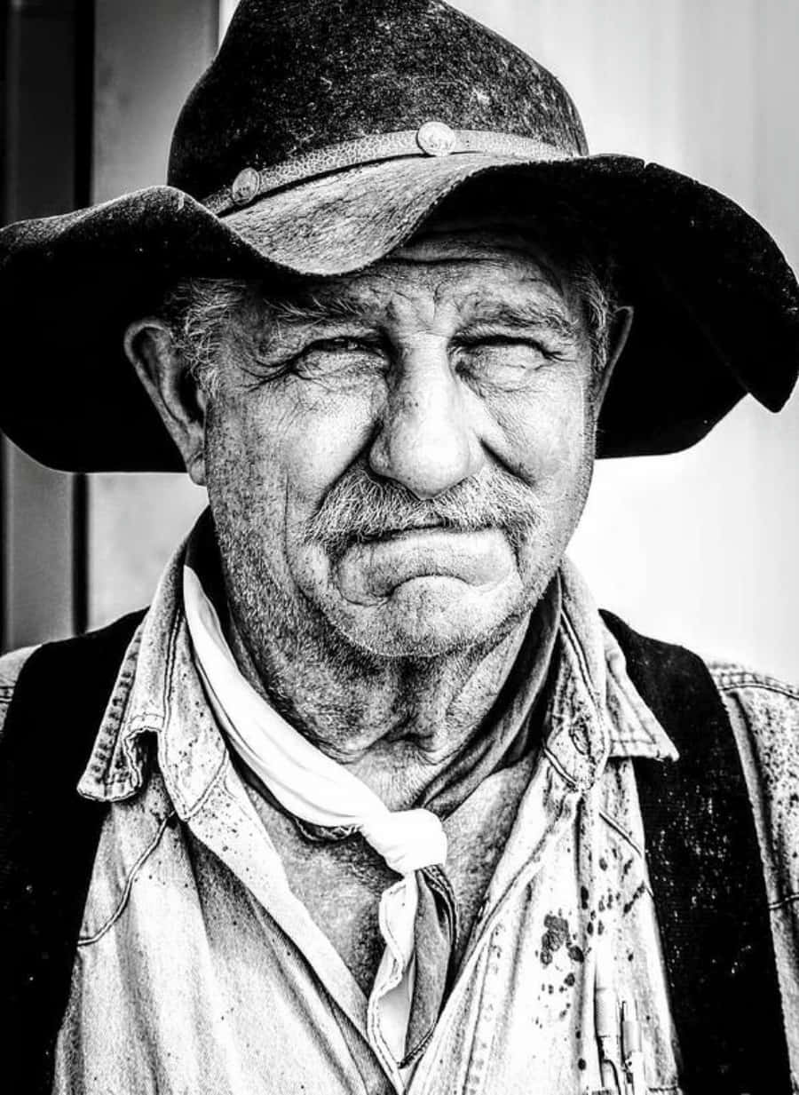 Imagende Un Viejo Cowboy Sonriente En Escala De Grises