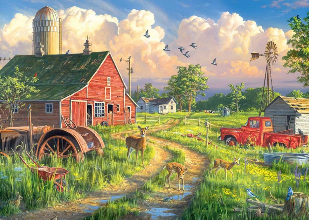 A Painting Of A Farm With A Red Truck And Animals
